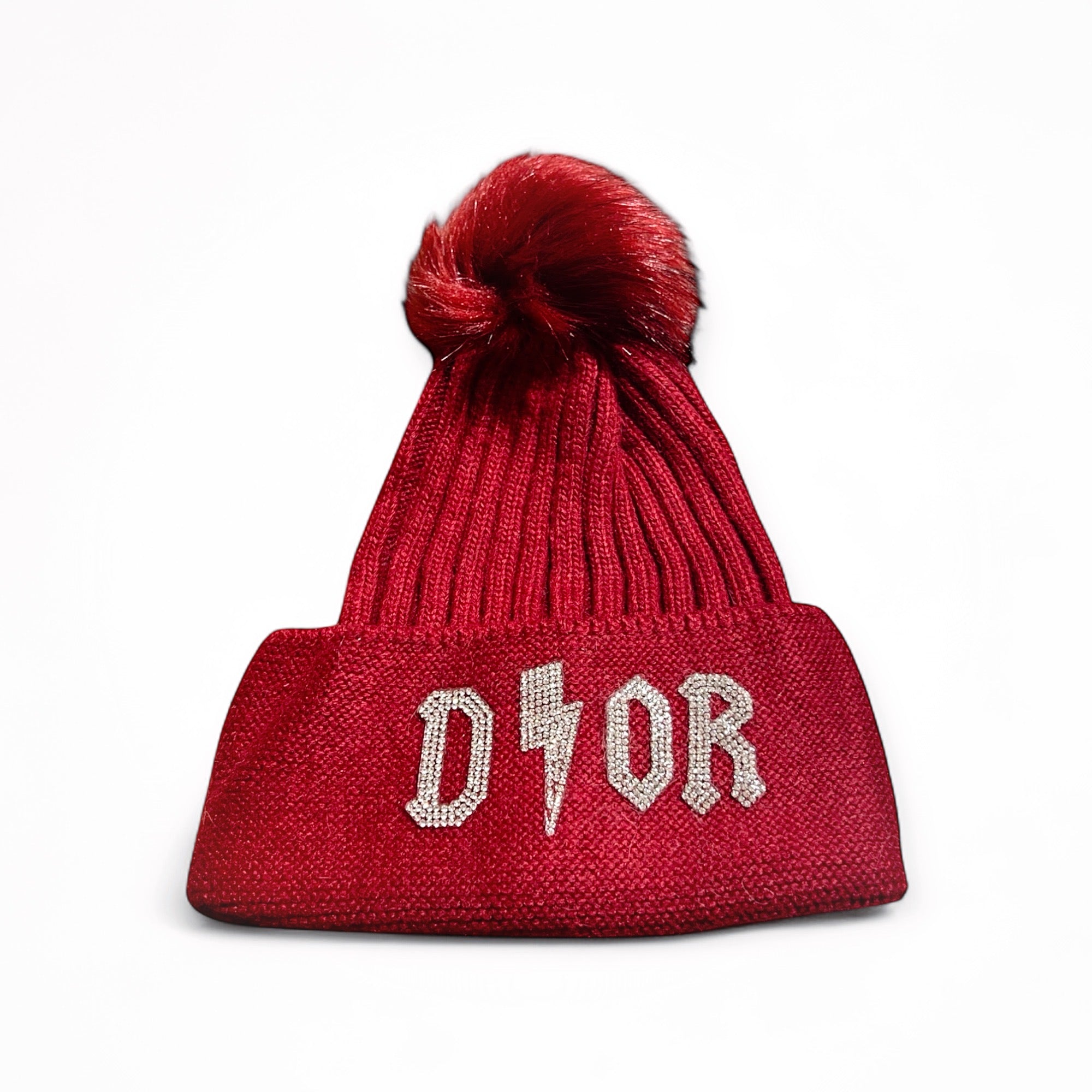 Beanie Burgundy Sparkle Strickmütze mit Strass & Kunstfell Bommel