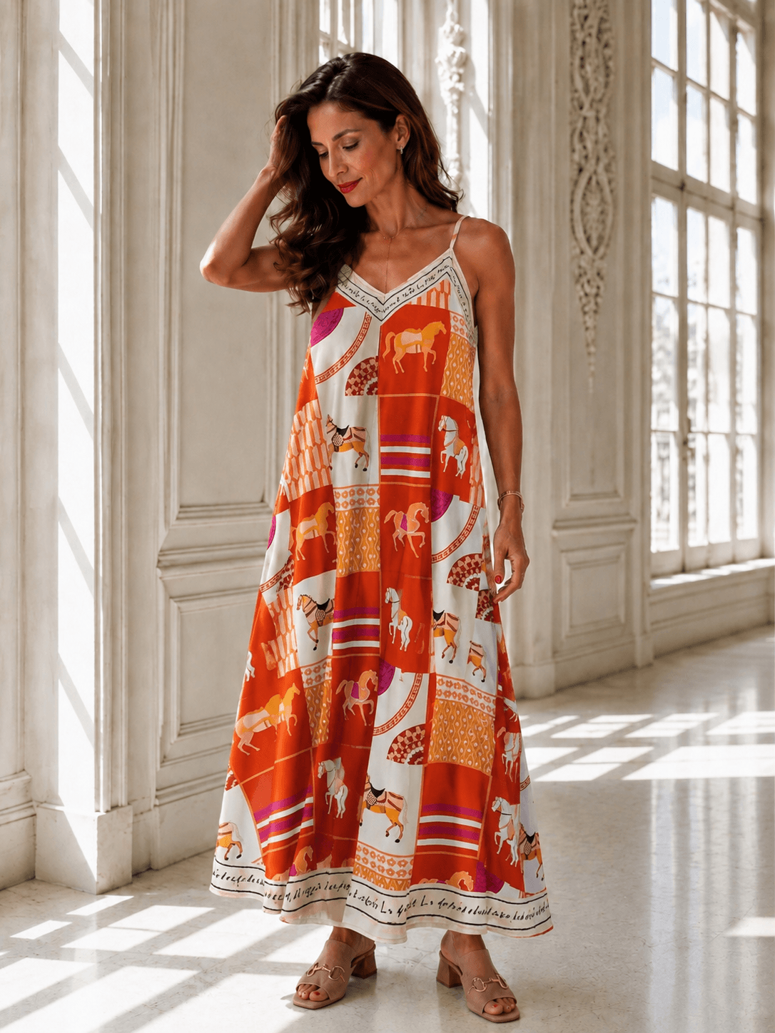 Frau steht in einem hellen Raum mit einem gemusterten Kleid in orange Creme