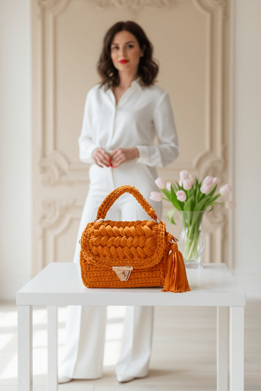 Geflochtene Statement Tasche mit Goldkette - Orange - CASAPARI Schmuck & Mode Düsseldorf