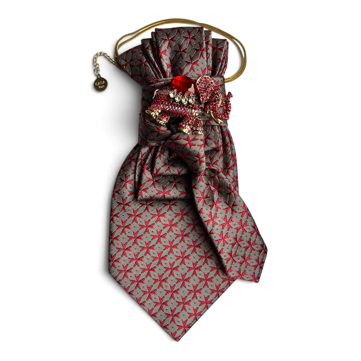 Grau-silberne Vintage-Seidenkrawatte mit burgunderrotem Sternenmuster, roter Elefantenbrosche und goldfarbener Edelstahlkette
