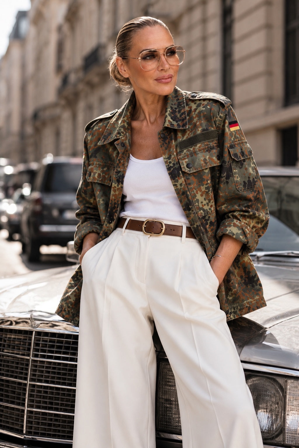 Frontansicht Army Love Military Jacket mit weißer Marlenehose im Streetstyle. KI-generiertes Modelbild.