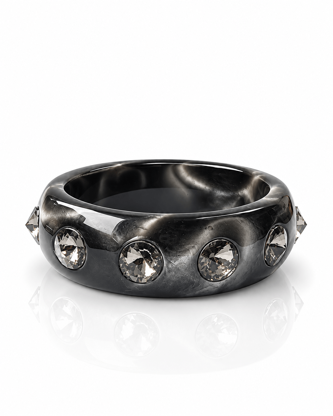 Breiter grauer Bangle Black Diamond in Marmoroptik mit rauchgrauen facettierten Kristallsteinen