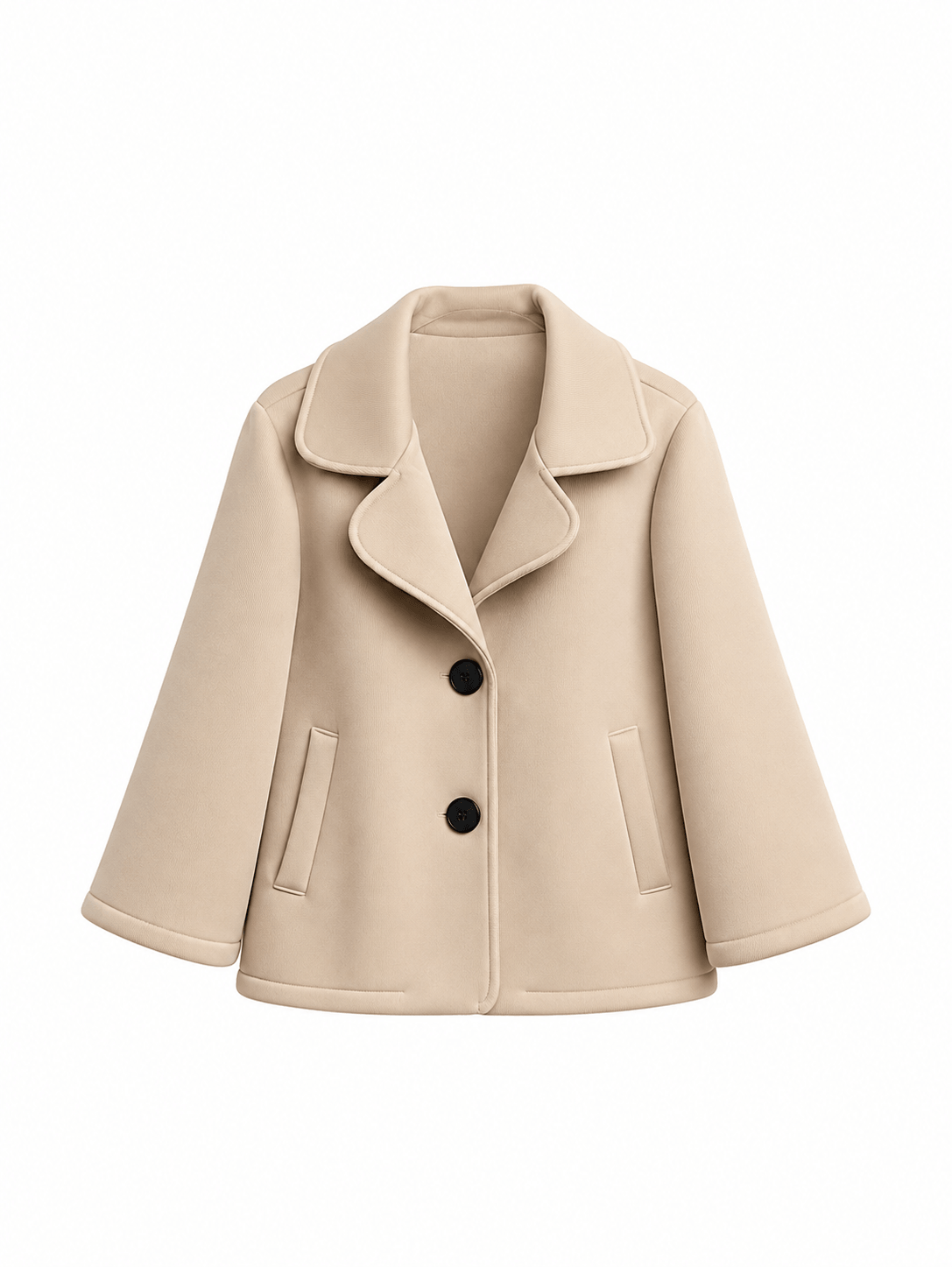 beige Jacke in A-Linie mit Knöpfen auf weißem Hintergrund.