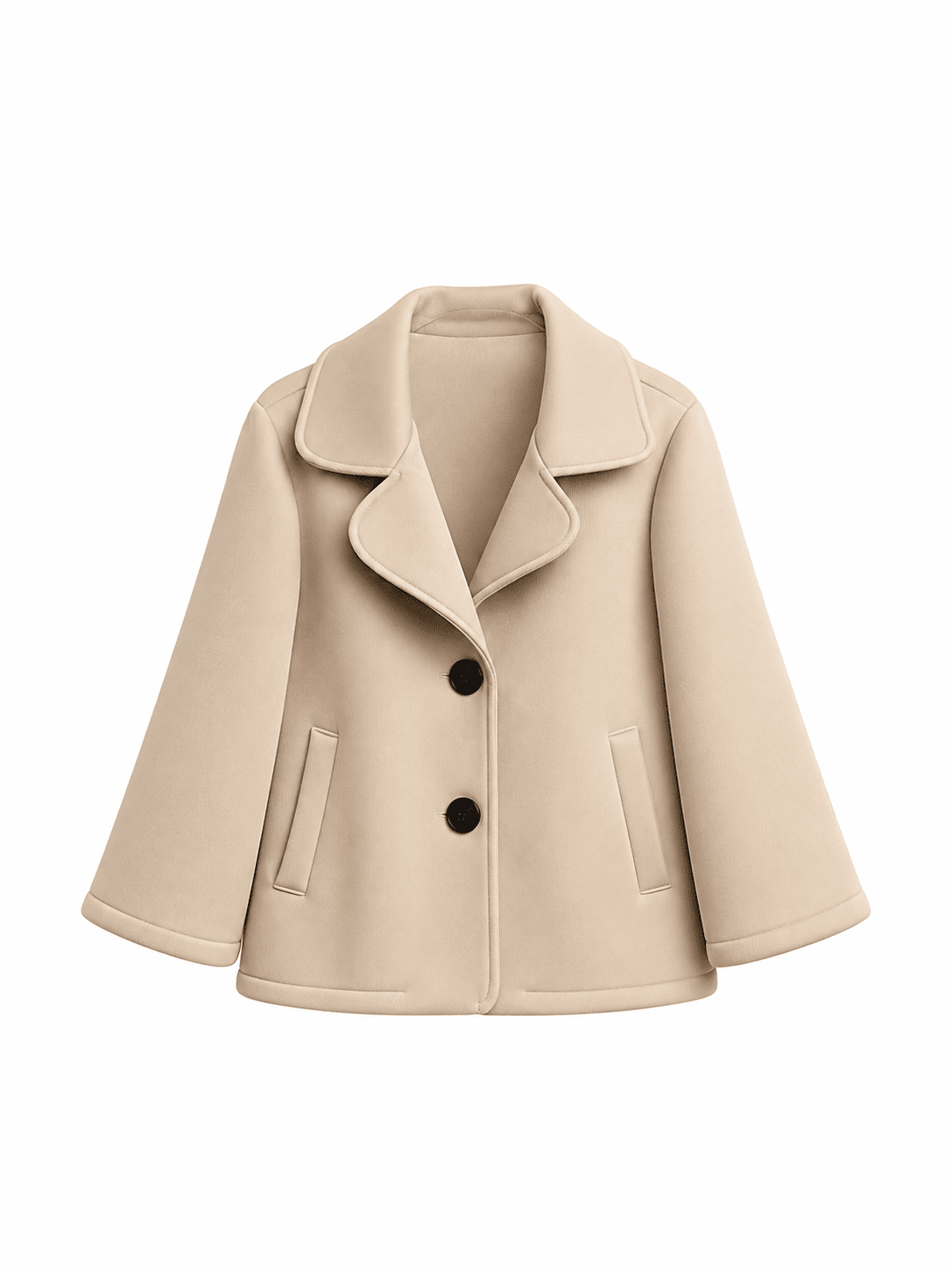 beige Jacke in A-Linie mit Knöpfen auf weißem Hintergrund.