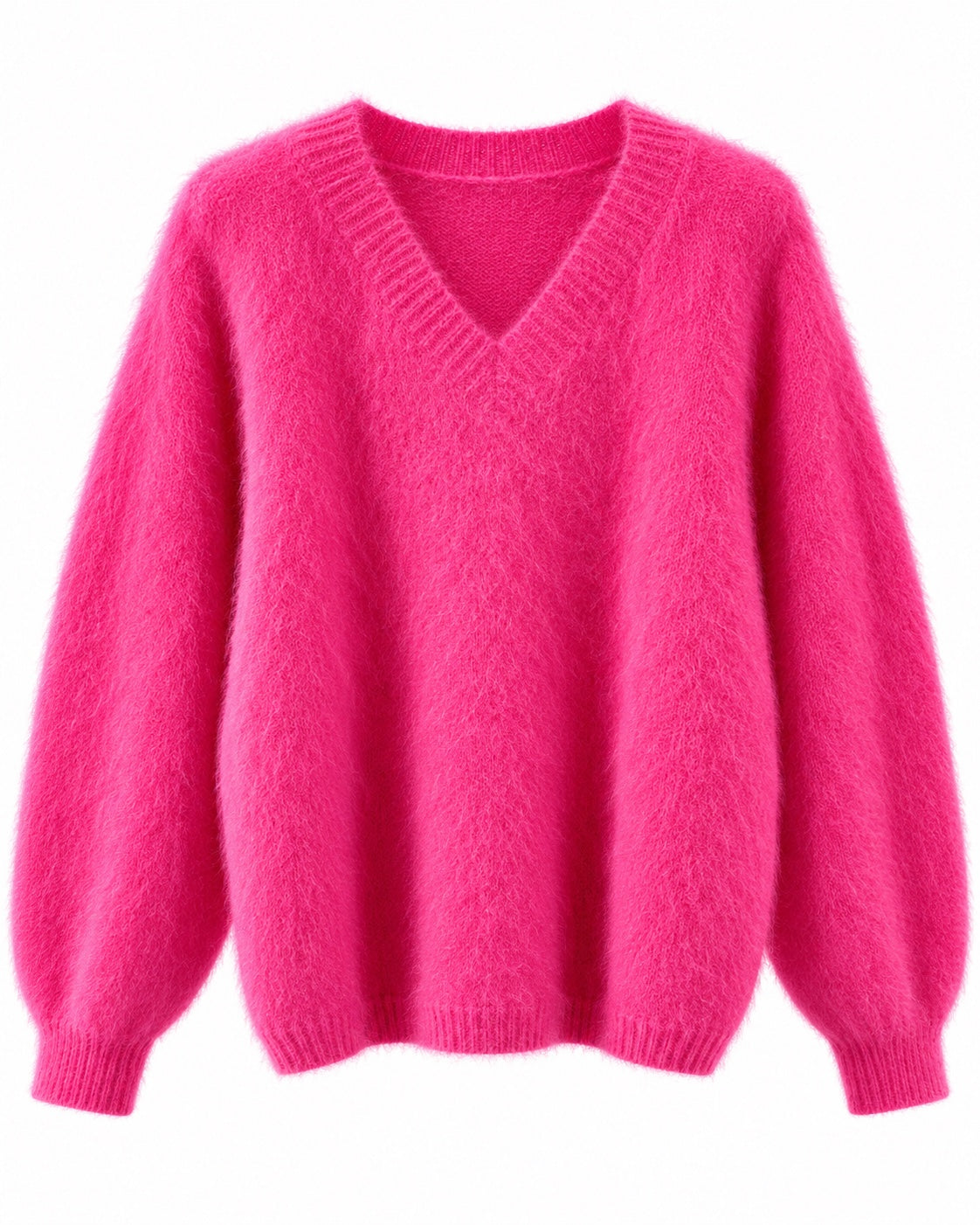 Bubble Pink Kid Mohair Pullover mit V-Ausschnitt, flauschiger Oberfläche und voluminösen Ärmeln