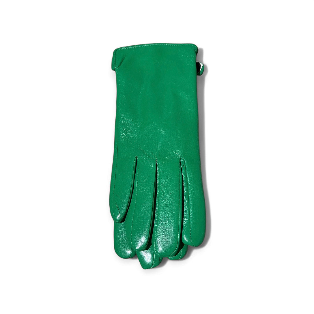 Kunstlederhandschuhe in Grün auf weißer Fläche fotografiert.