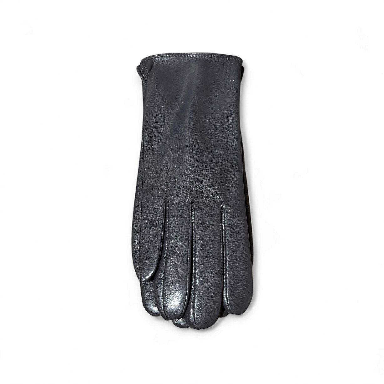 Kunstlederhandschuhe in Grau auf weißer Fläche fotografiert.