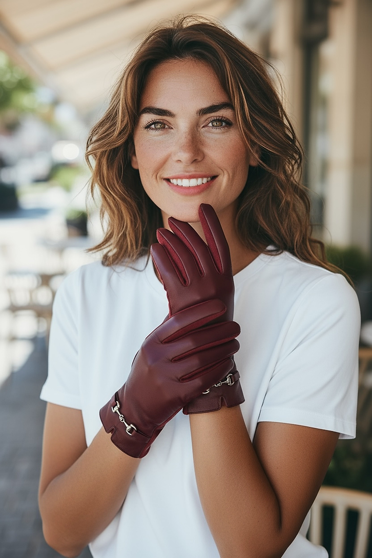 Frau trägt weißes Shirt und Kunstleder Handschuhe in Burgundy mit silberner Zier Schnalle.