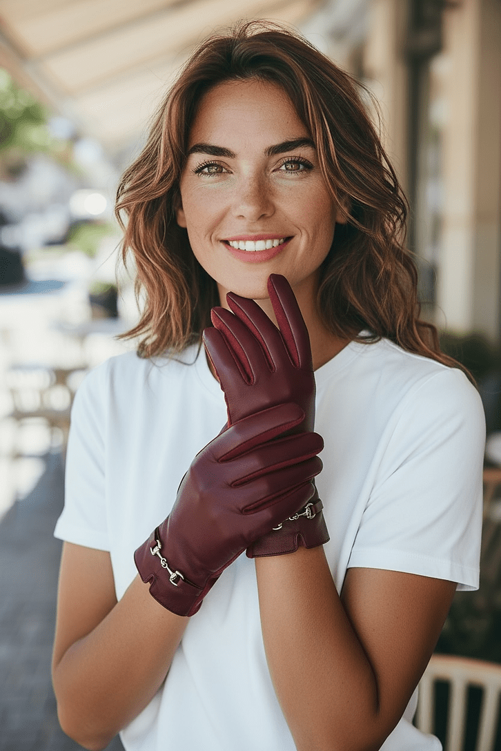 Frau trägt weißes Shirt und Kunstleder Handschuhe in Burgundy mit silberner Zier Schnalle.