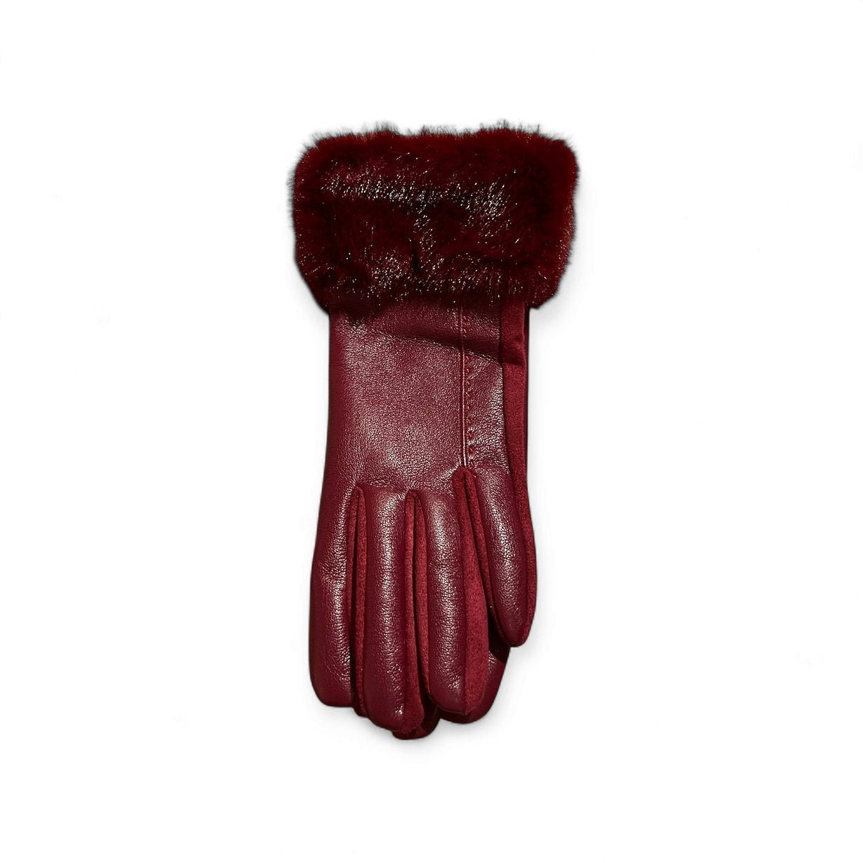 Kunstleder Handschuhe in Burgundy mit Kunstfell auf weißen Hintergrund fotografiert.