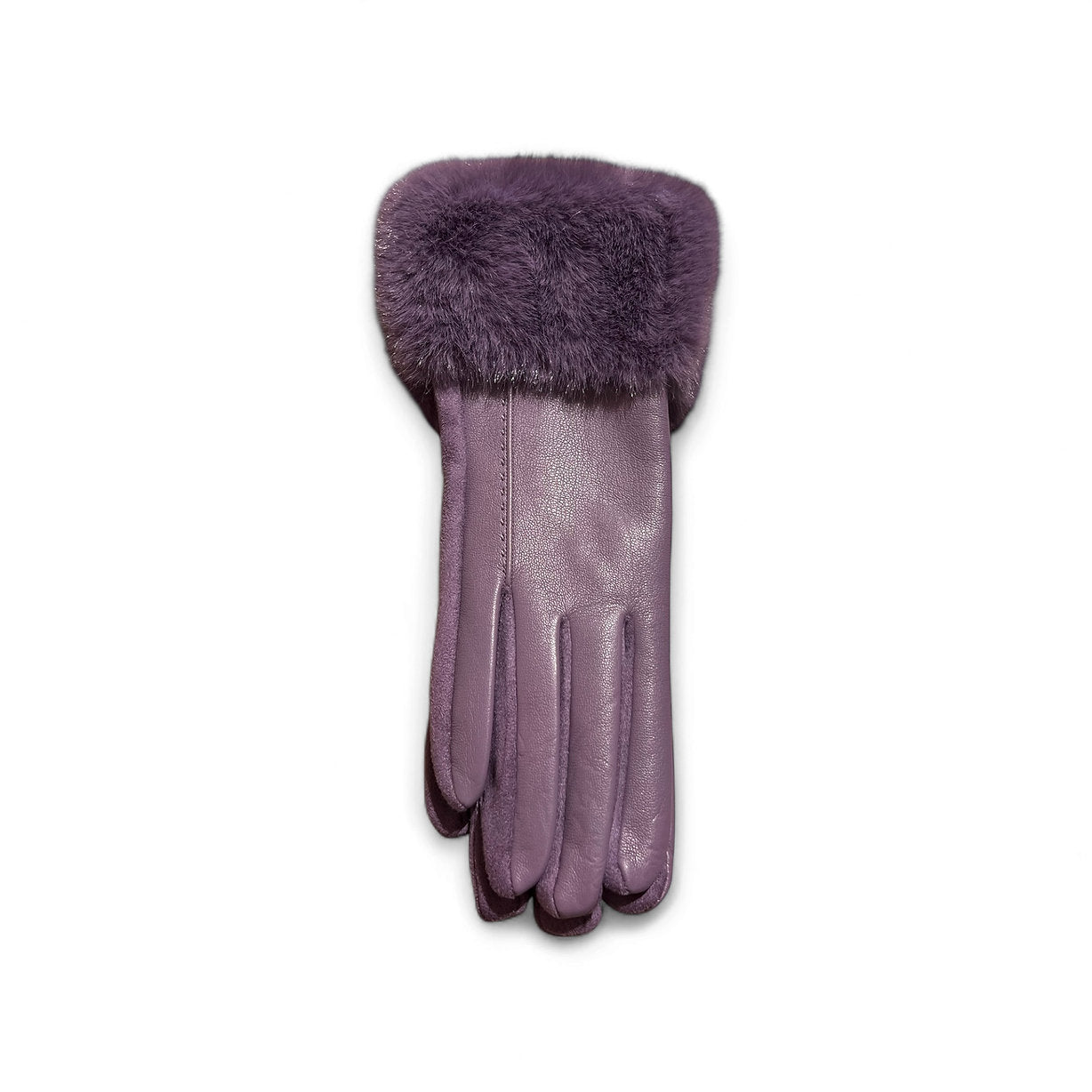 Kunstleder Handschuhe in Flieder mit Kunstfell auf weißen Hintergrund fotografiert.