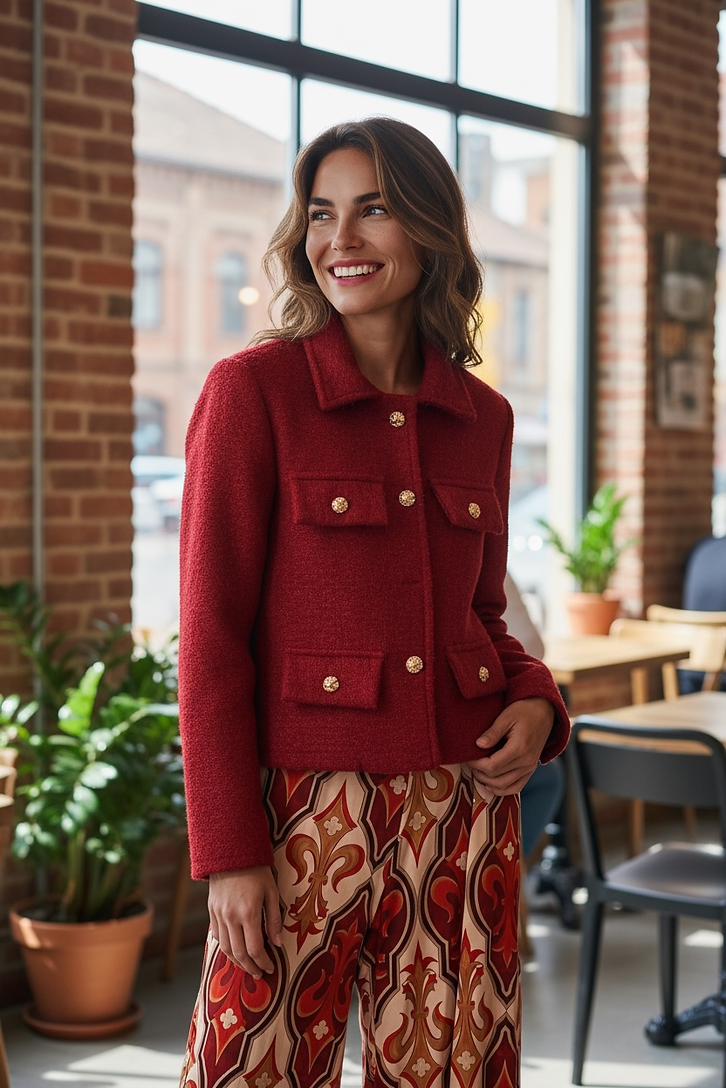 Frau trägt rote Jacke mit goldfarbenen Knöpfen. Dazu eine gemusterte Hose, stehend in einem Cafe.