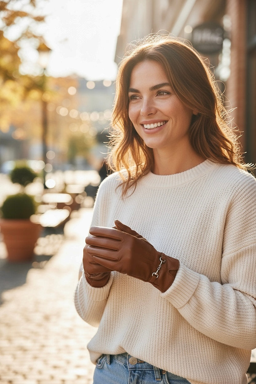 Frau trägt weißen Strickpulli und Kunstleder Handschuhe in Camel mit silberner Zierschnalle.