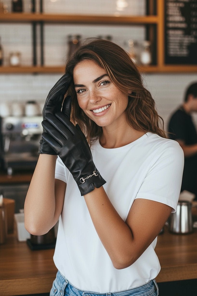 Frau trägt weißs Shirt und schwarze Kunstleder Handschuhe.