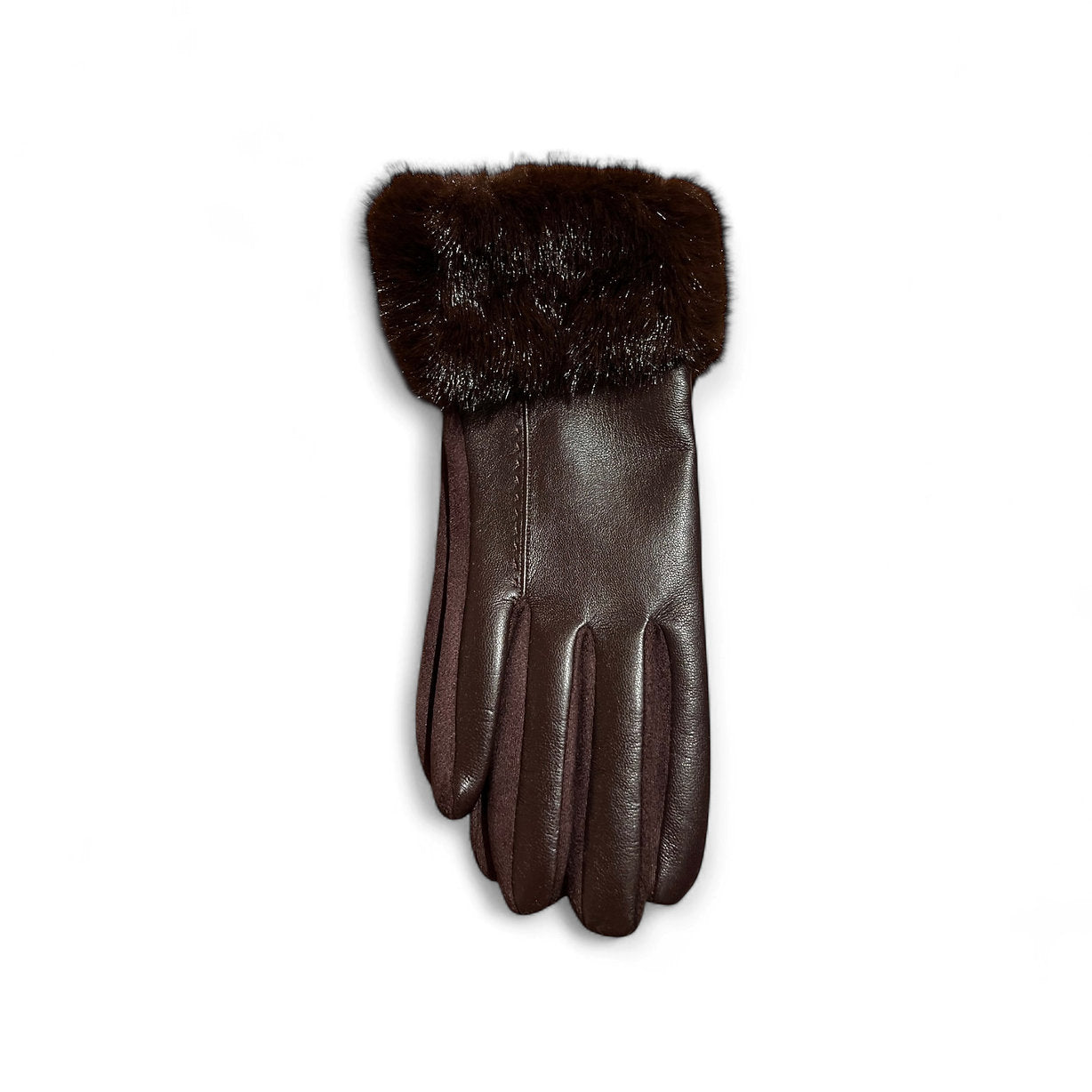 Kunstleder Handschuhe in Dunkelbraun mit Kunstfell auf weißen Hintergrund fotografiert.
