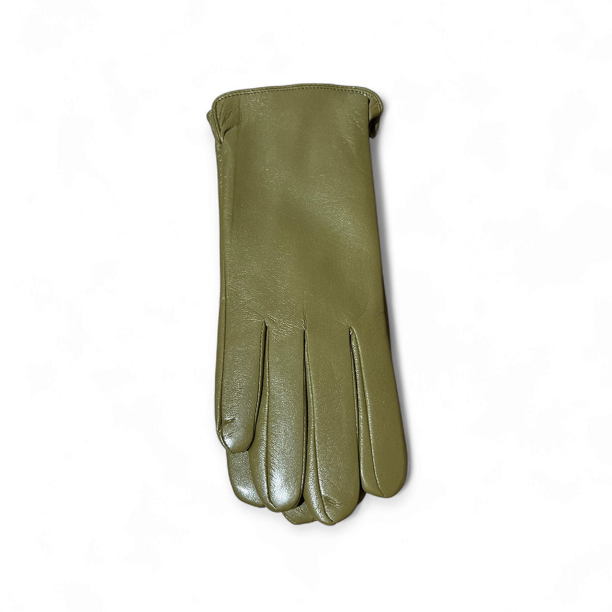 Kunstlederhandschuhe in Olive auf weißer Fläche fotografiert.