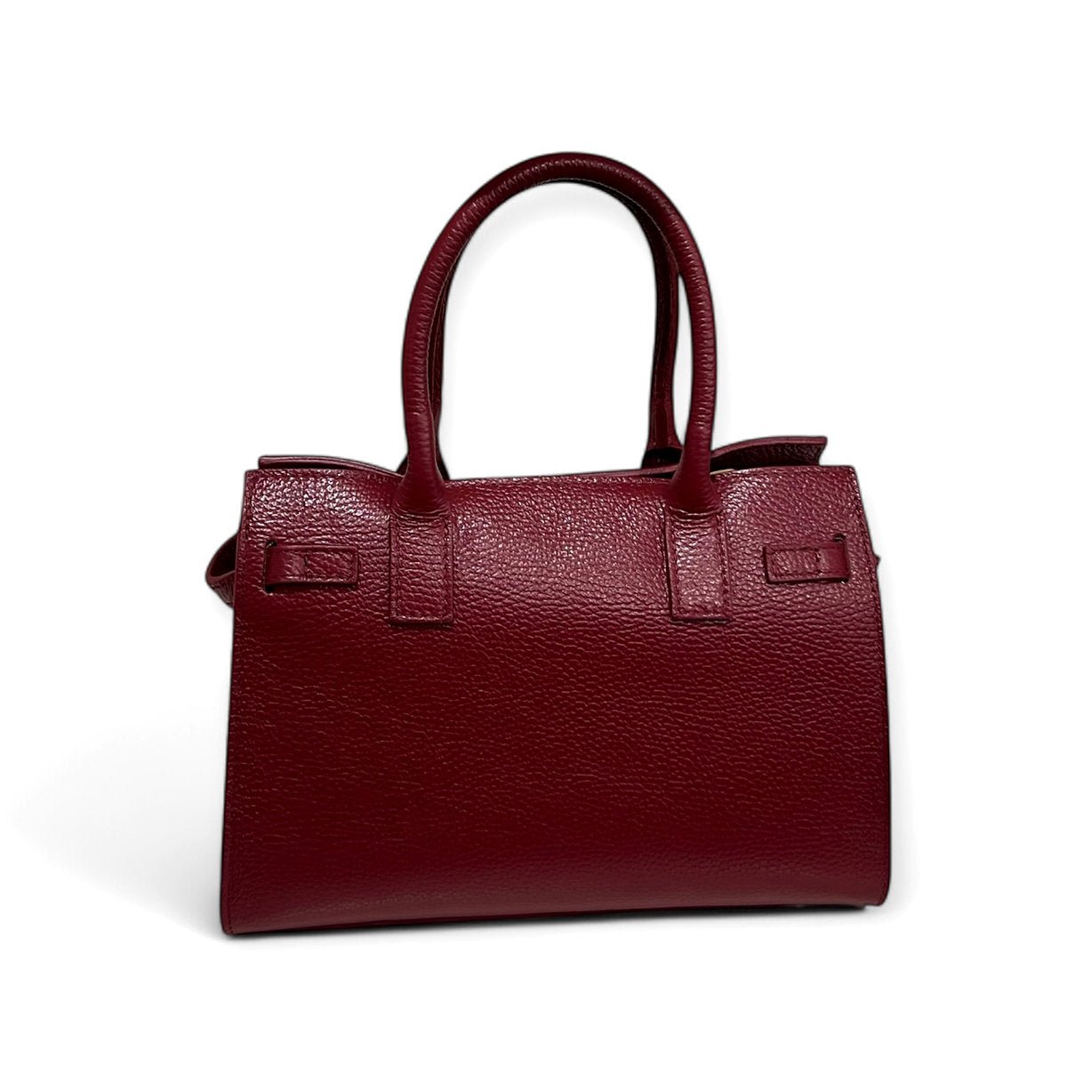 Burgundy Ledertasche von hinten. Zwei Henkeln und abnehmbarem Schultergürtel, auf hellem Hintergrund fotografiert.