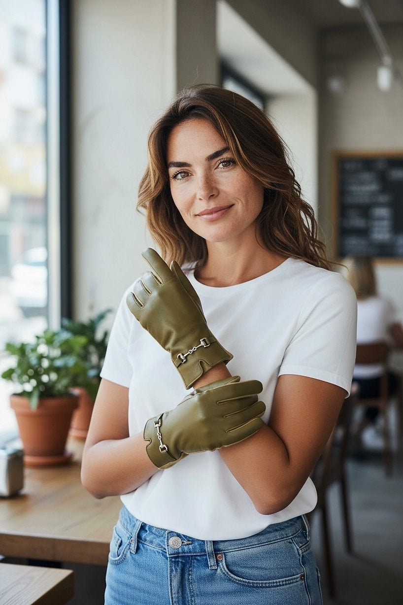 Frau trägt weißes Shirt mit Jeanshose. Dazu olivenfarbene Kunstleder Handschuhe.