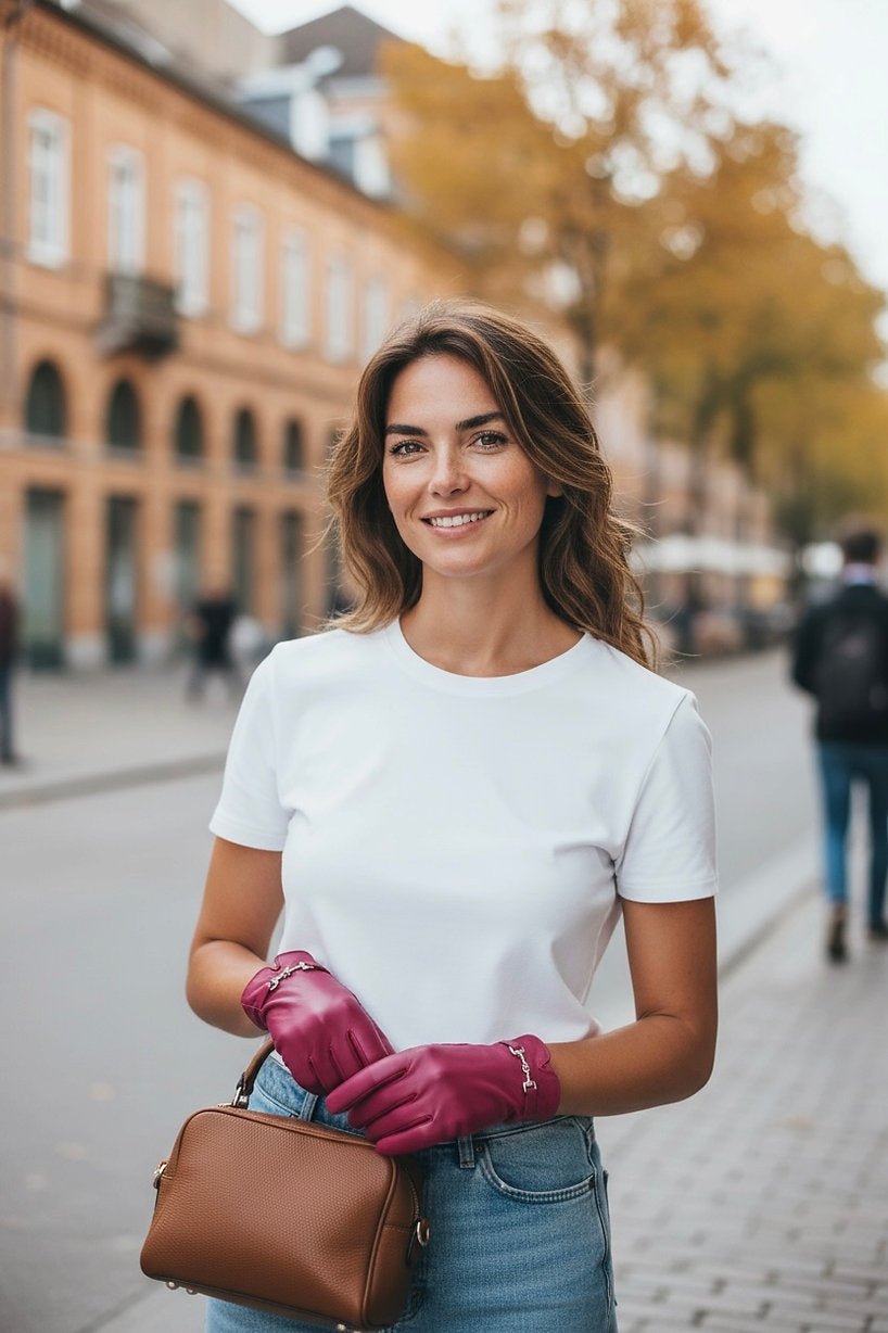 Frau trägt weißes Shirt und Jeans Hose. Dazu Kunstleer Handschuhe in Berry Farben.