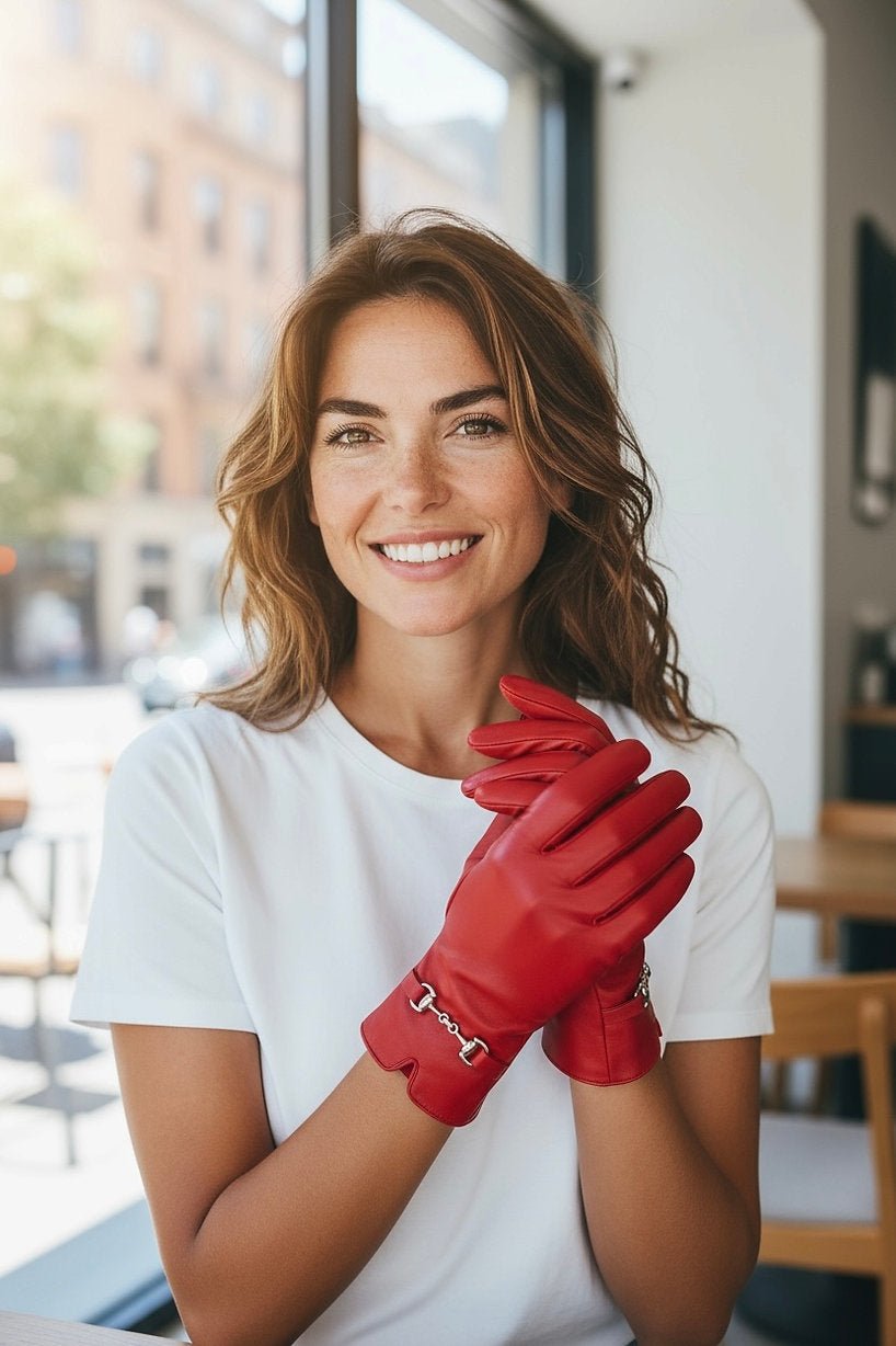 Frau trägt weißes Shirt und rote Kunstleder Handschuhe mit silberner Schnalle.
