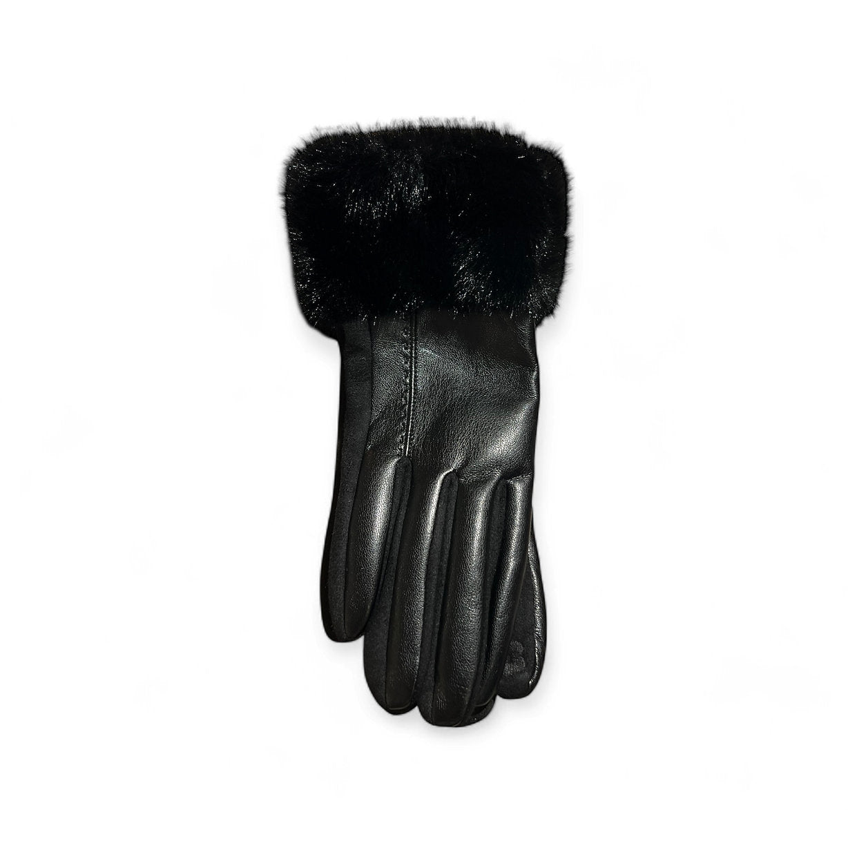 Kunstleder Handschuhe in Schwarz mit Kunstfell auf weißen Hintergrund fotografiert.