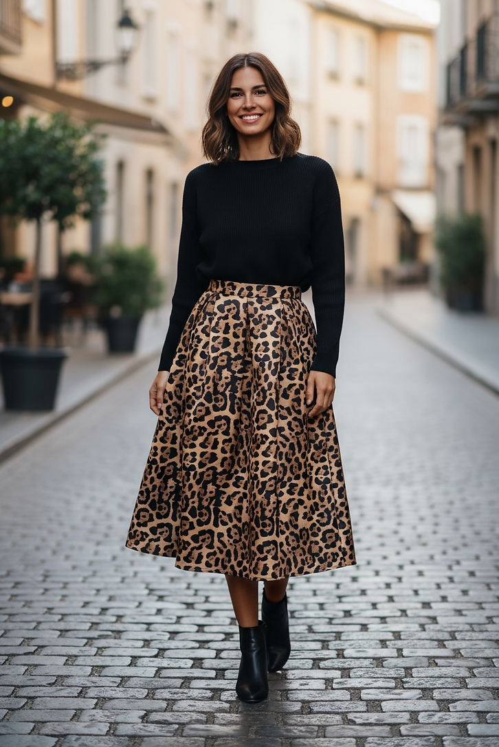 Frau trägt Leo Rock mit schwatzen Stiefeletten. Dazu schwarzen Pullover.