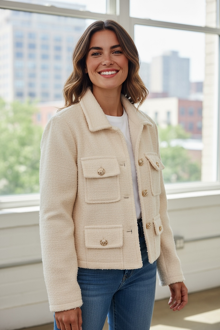 Frau trägt helle Jacke mit goldfarbenen Knöpfen. Dazu eine Jeans Hose und weißes Shirt. Vor einem Fenster stehend.