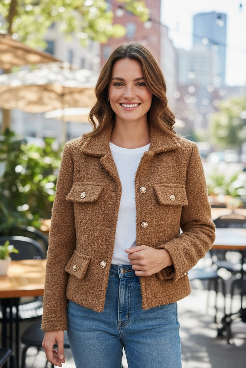 Frau steht im Freien und trägt eine kurze karamellfarbene Jacke aus Bouclé mit Knöpfen und aufgesetzten Taschen, kombiniert mit Jeans und weißem Shirt.