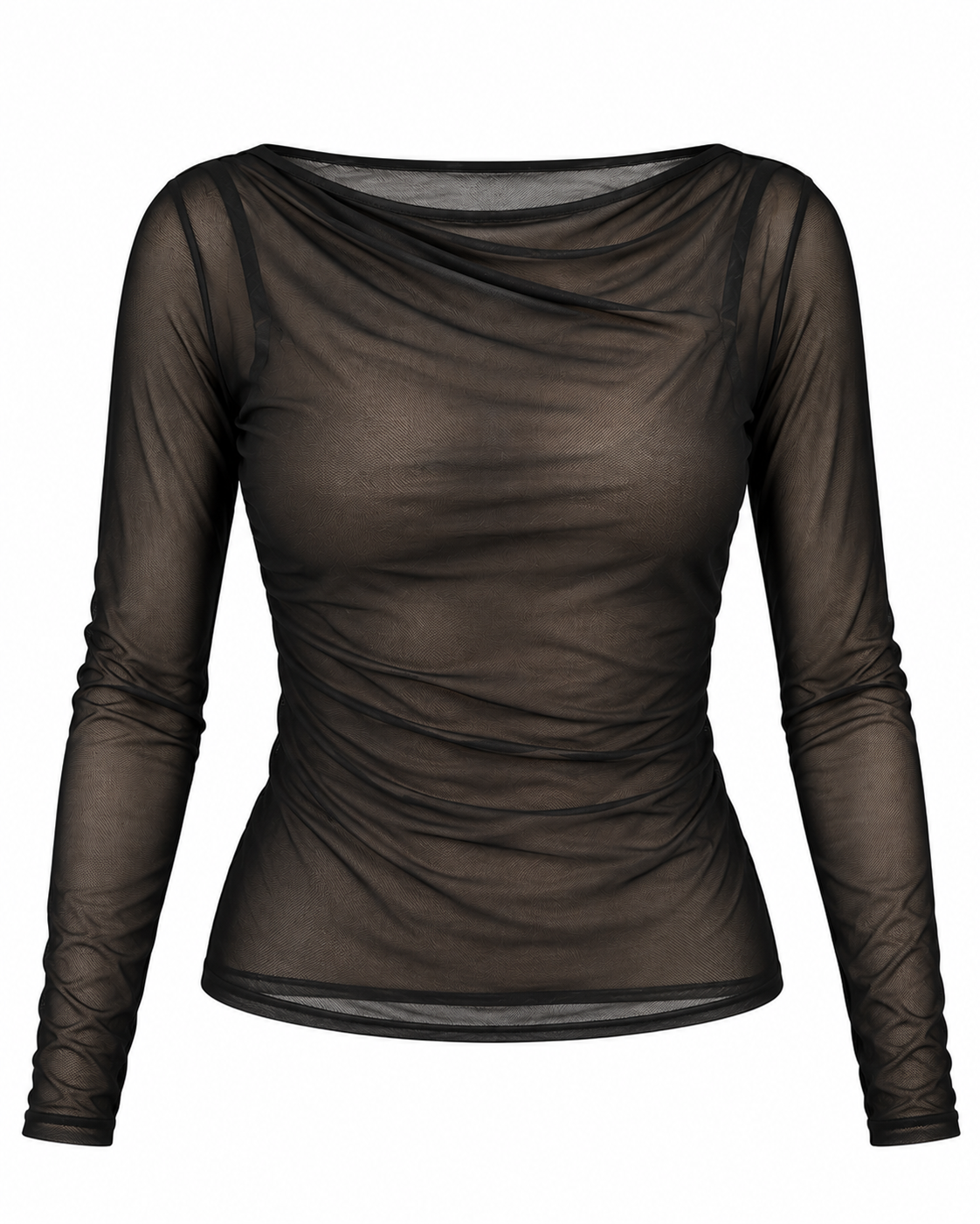 Schwarzes langärmliges Mesh-Shirt als KI-generierter Freisteller auf weißem Hintergrund