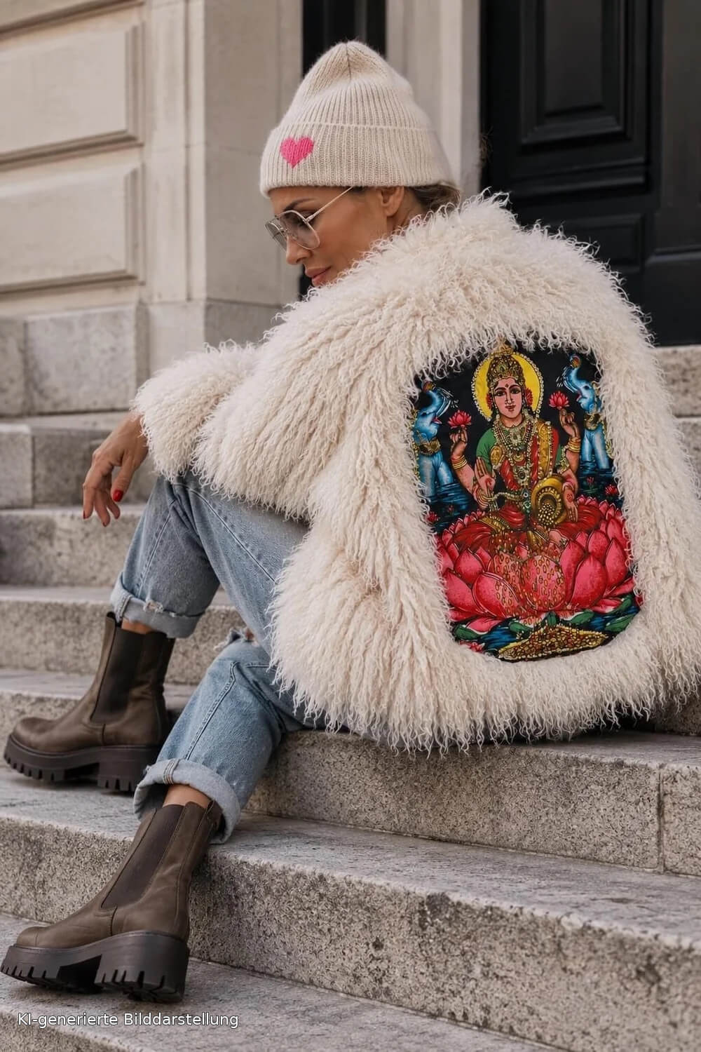 Rückansicht der cremefarbenen CASA Pari Fluffy Jacket mit großem farbigen Motiv auf dem Rücken, kombiniert mit Jeans und Boots.