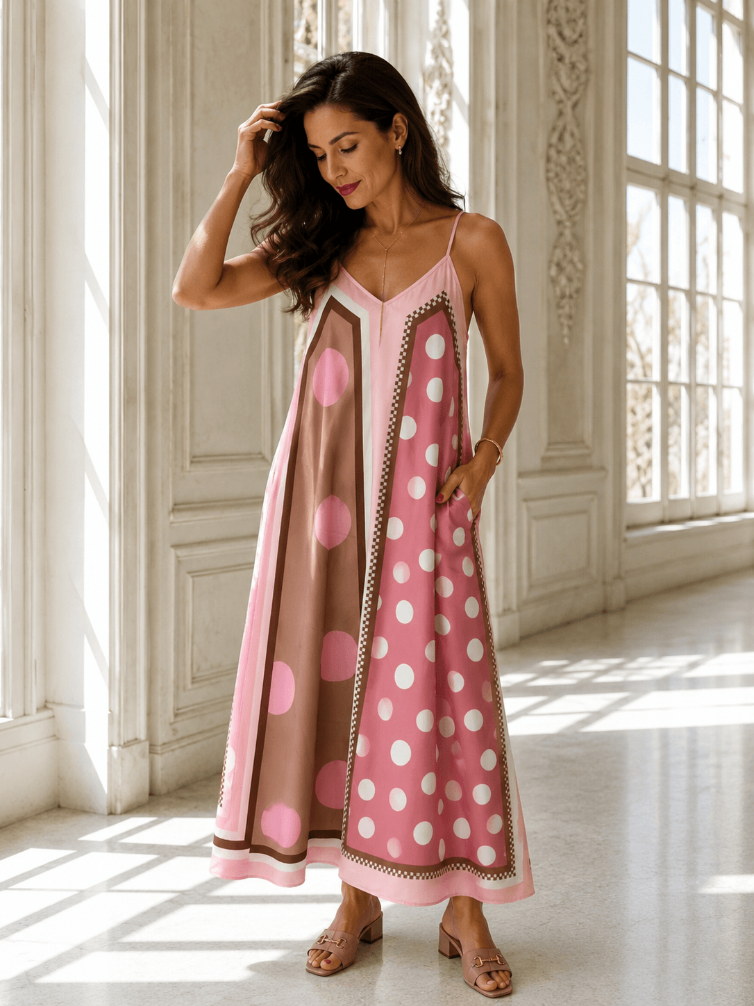 Frau trägt ein rosafarbenes Maxikleid mit Punktemuster und grafischen Elementen in Rosé, Creme und Taupe in einem hellen Raum mit großen Fenstern.