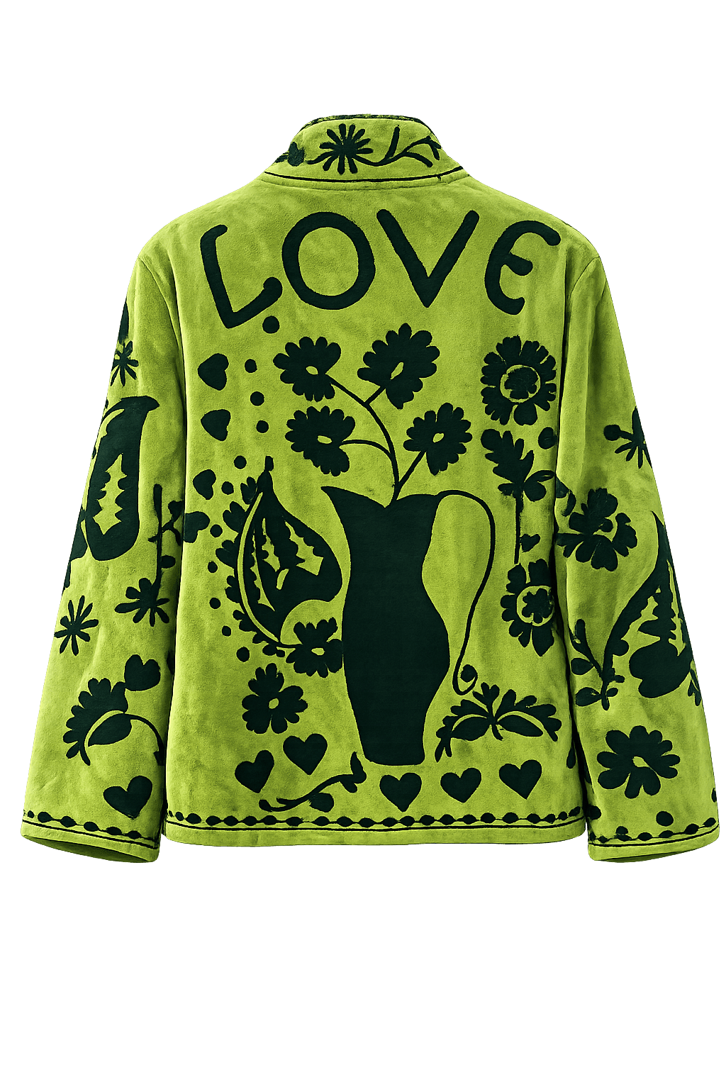Grüne Samtjacke mit dunklem floralem Muster und Schriftzug „LOVE“ auf der Rückseite, freigestellt auf hellem Hintergrund.