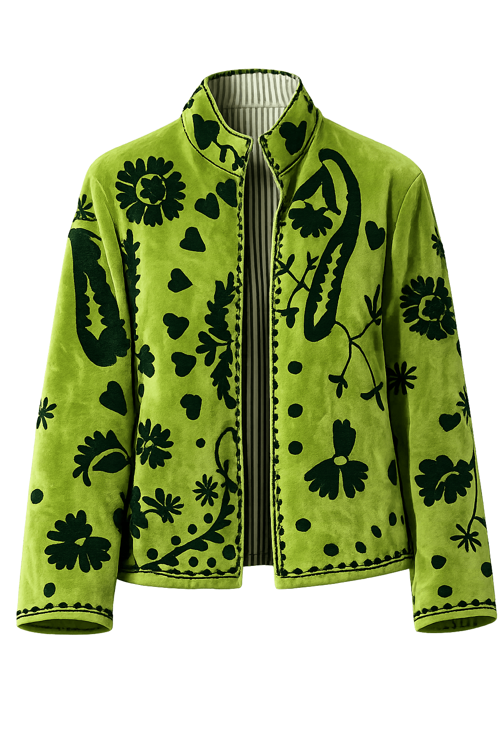 Grüne Samtjacke mit dunklem floralem Muster und Stehkragen, Vorderansicht, freigestellt auf hellem Hintergrund.