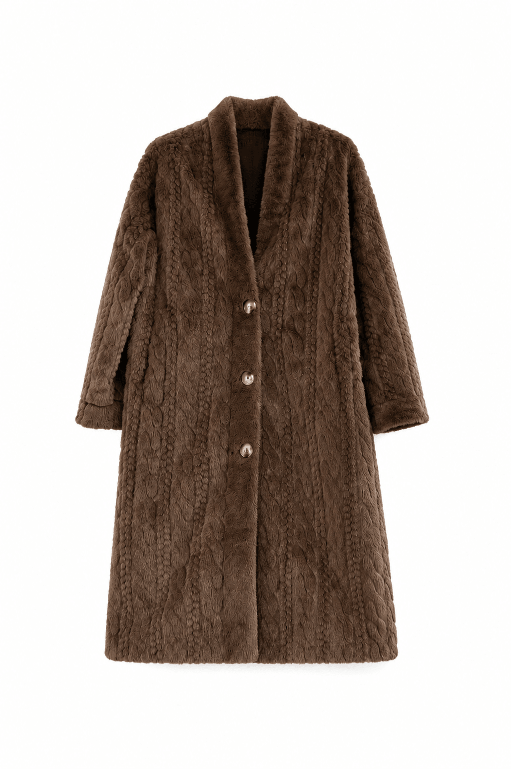 CASAPARI Fake Fur Mantel in Taupe mit gestrickter Nerzoptik und drei Knöpfen, freigestellt auf weißem Hintergrund.