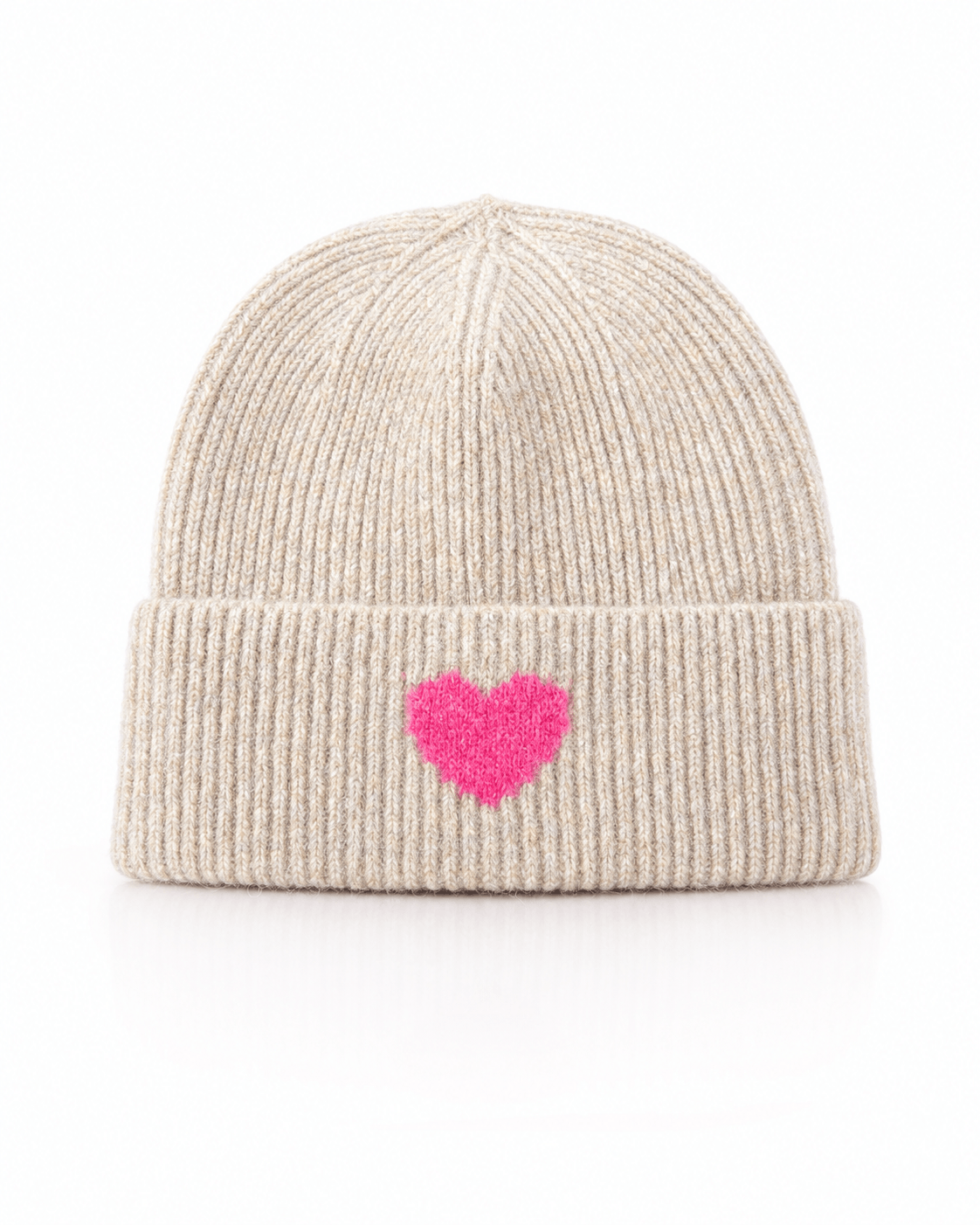Cremefarbene gerippte Casa Pari Heart Beat Beanie mit breitem Umschlag und pinkem Herz auf der Vorderseite