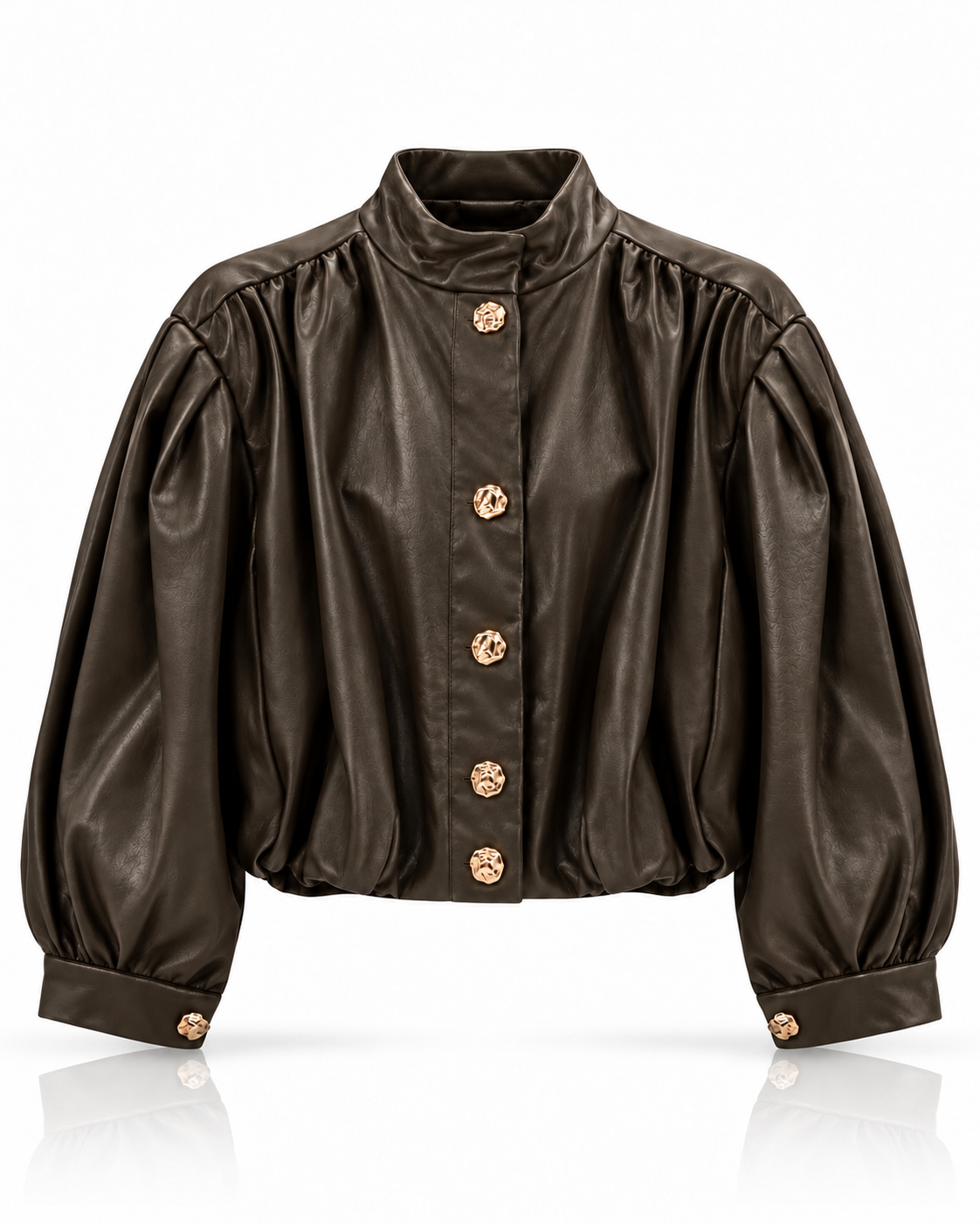 Dunkelbraune kurze Kunstlederjacke mit Stehkragen, voluminösen Ballonärmeln und goldfarbenen Knöpfen