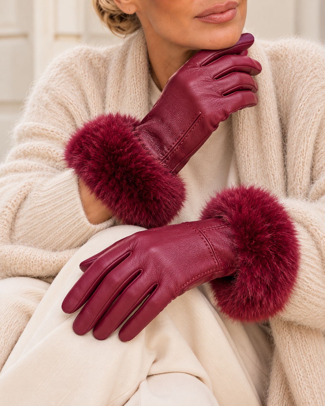Bordeauxfarbene Lederhandschuhe mit weicher Fellmanschette im cremefarbenen Casapari Look