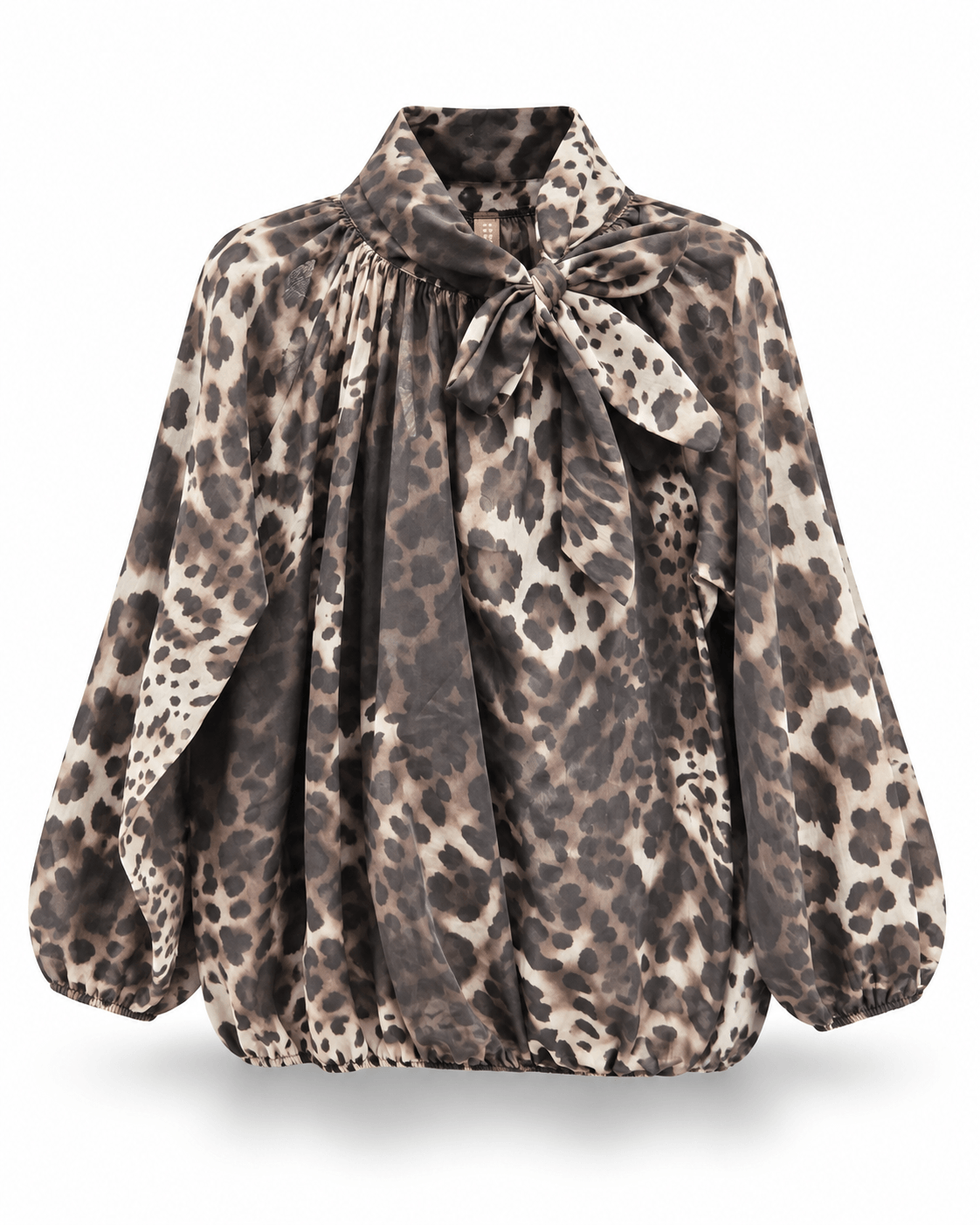 Leo-Bluse in Braun und Creme mit langer Schluppe zum Binden, lockeren Ärmeln und elastischem Saum auf weißem Hintergrund.