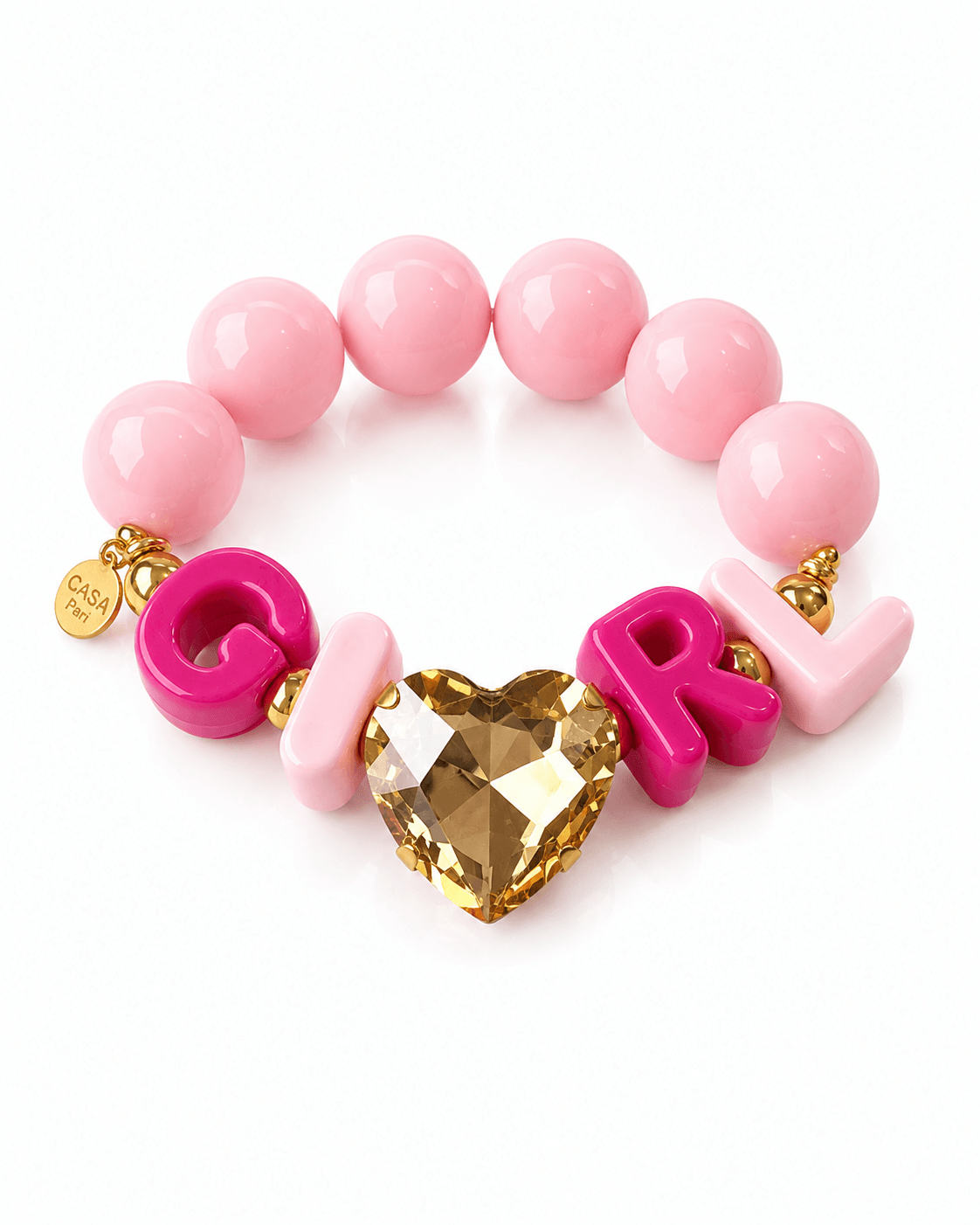 CASAPARI Letter Affair GIRL Armband mit rosa Perlen, pinken Buchstaben und großem goldfarbenem Kristallherz