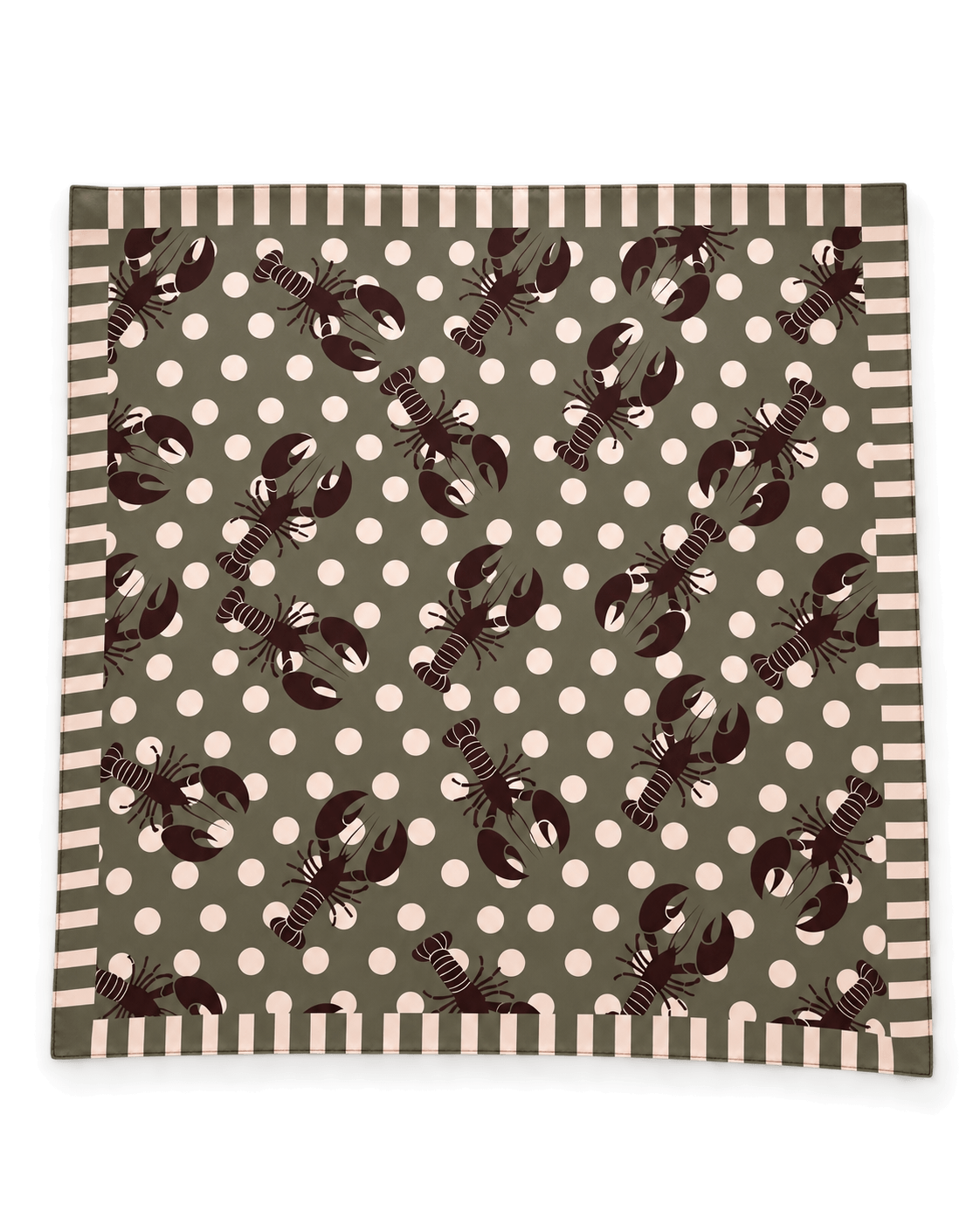 Quadratisches Viskose-Tuch in Oliv mit Hummermotiven in Bordeaux, cremefarbenen Punkten und gestreiftem Rand.