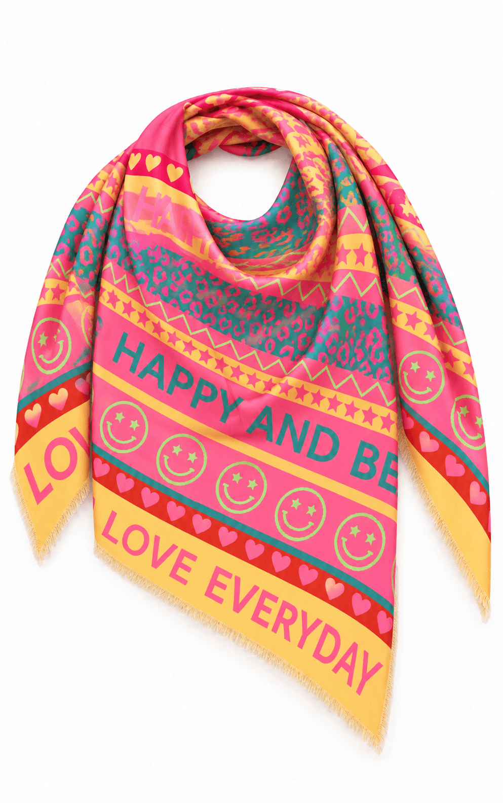 Großes Dreieckstuch aus Viskose in Pink, Gelb und Türkis mit Herzen, Smileys, Leo-Print und LOVE EVERYDAY Schriftzug.