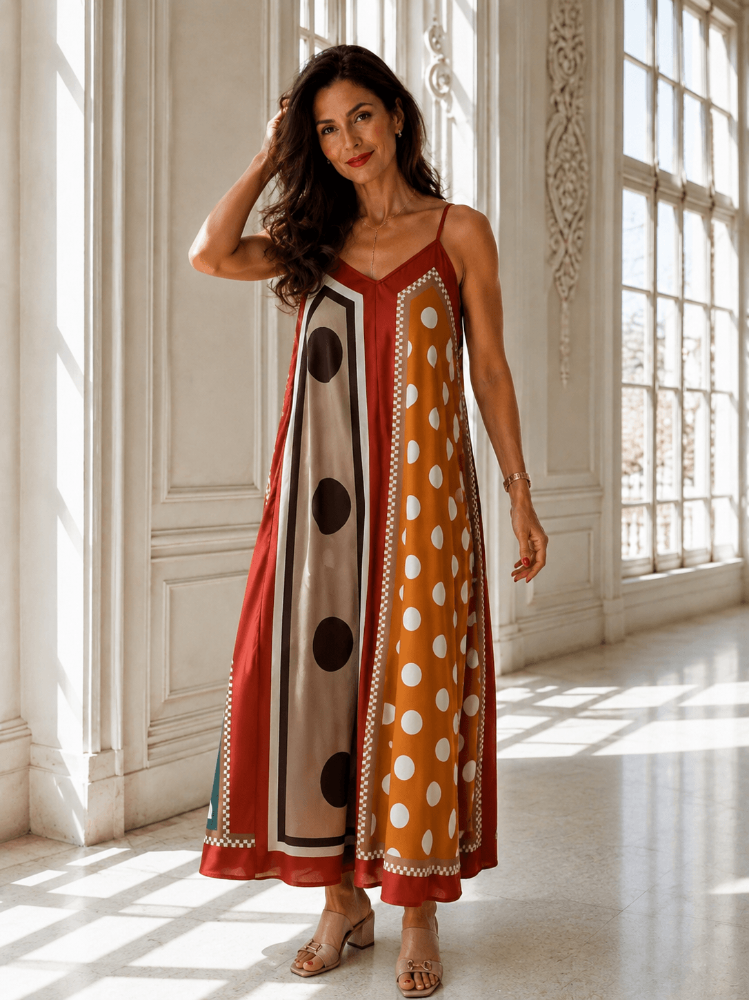 Frau trägt ein bodenlanges Trägerkleid mit grafischem Muster in Orange, Creme und Braun. Das Kleid hat einen fließenden Schnitt und wird in einem hellen Innenraum mit hohen Fenstern präsentiert.