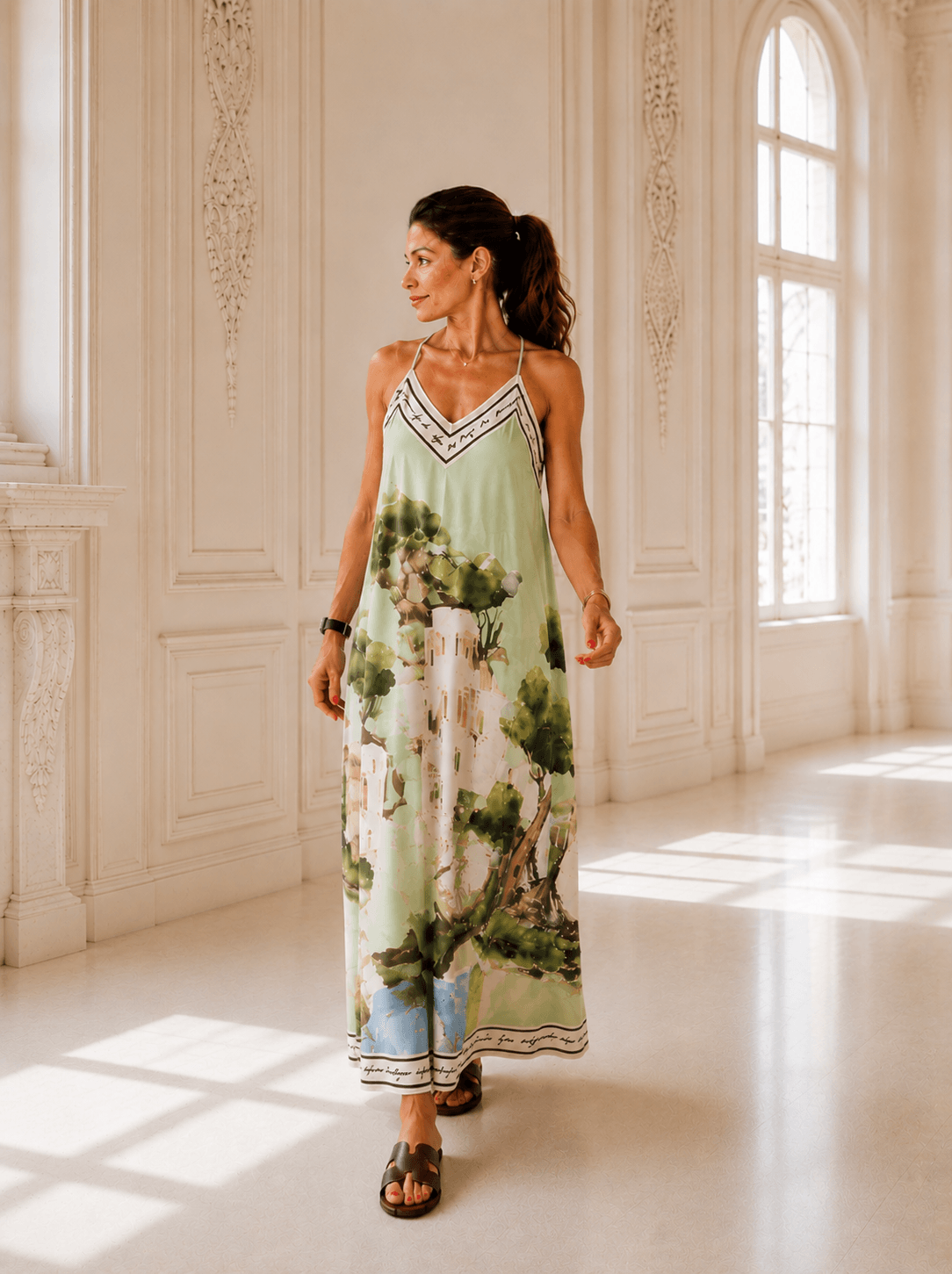 Frau trägt ein bodenlanges Trägerkleid mit grafischem Muster in Lime, Creme und Blau.Das Kleid hat einen fließenden Schnitt und wird in einem hellen Innenraum mit hohen Fenstern präsentiert.