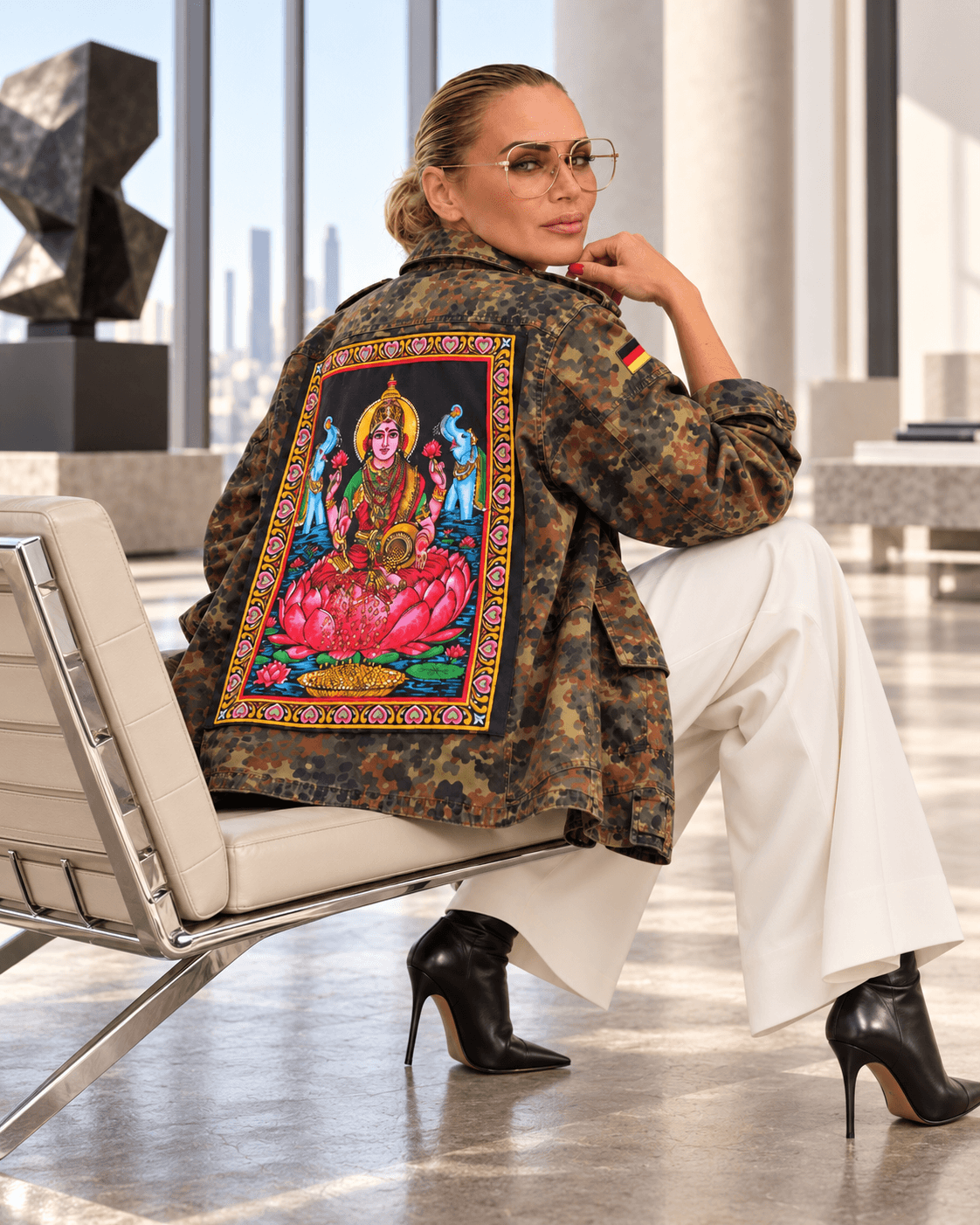 Frau trägt eine Camouflage Military Jacke von Casapari mit großem farbigem Rückenpatch, weißer Marlenehose und schwarzen Stiefeletten.