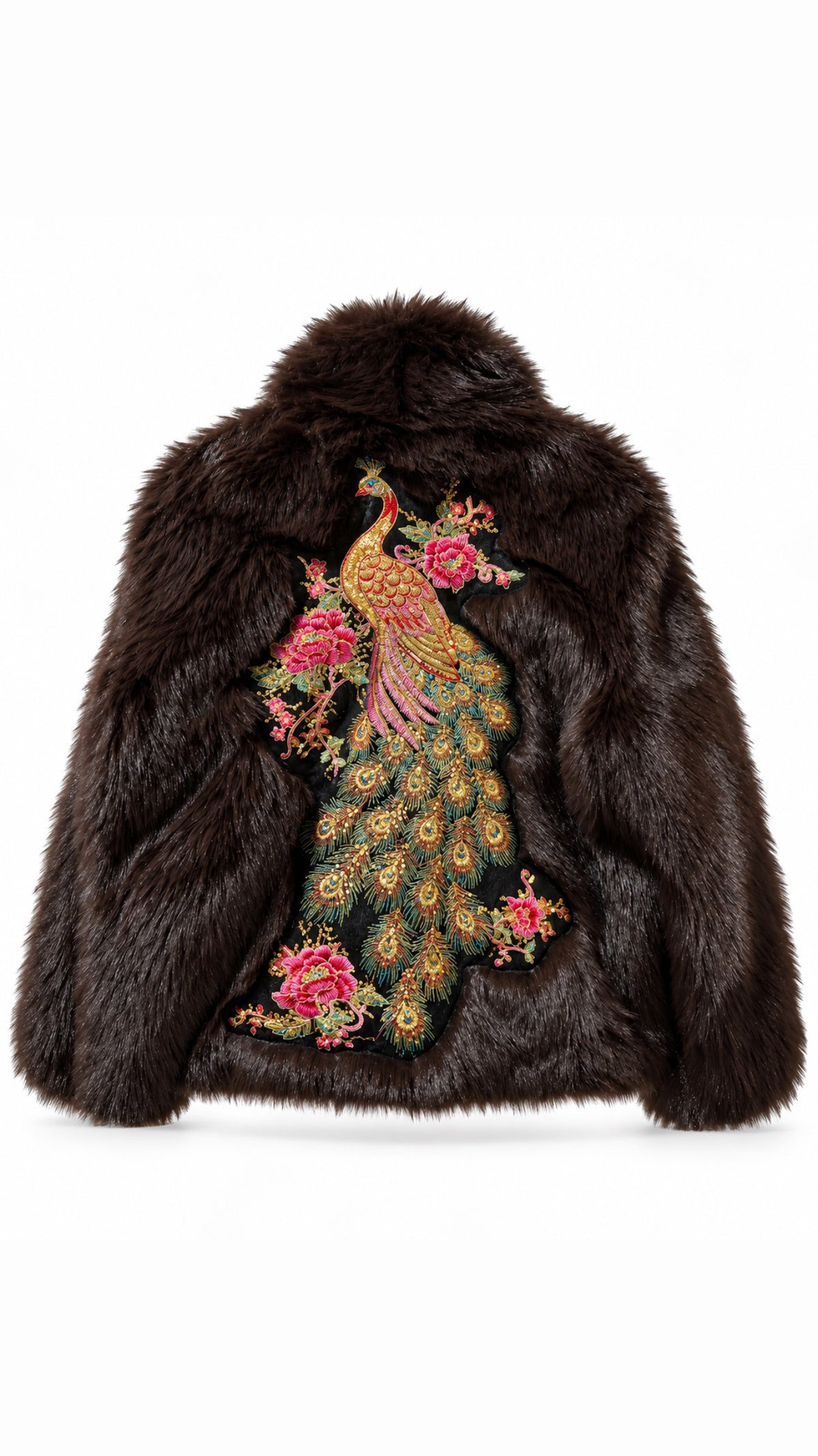 Braune Casapari Kunstpelzjacke mit großem glitzerndem Pfau und floralen Details auf dem Rücken