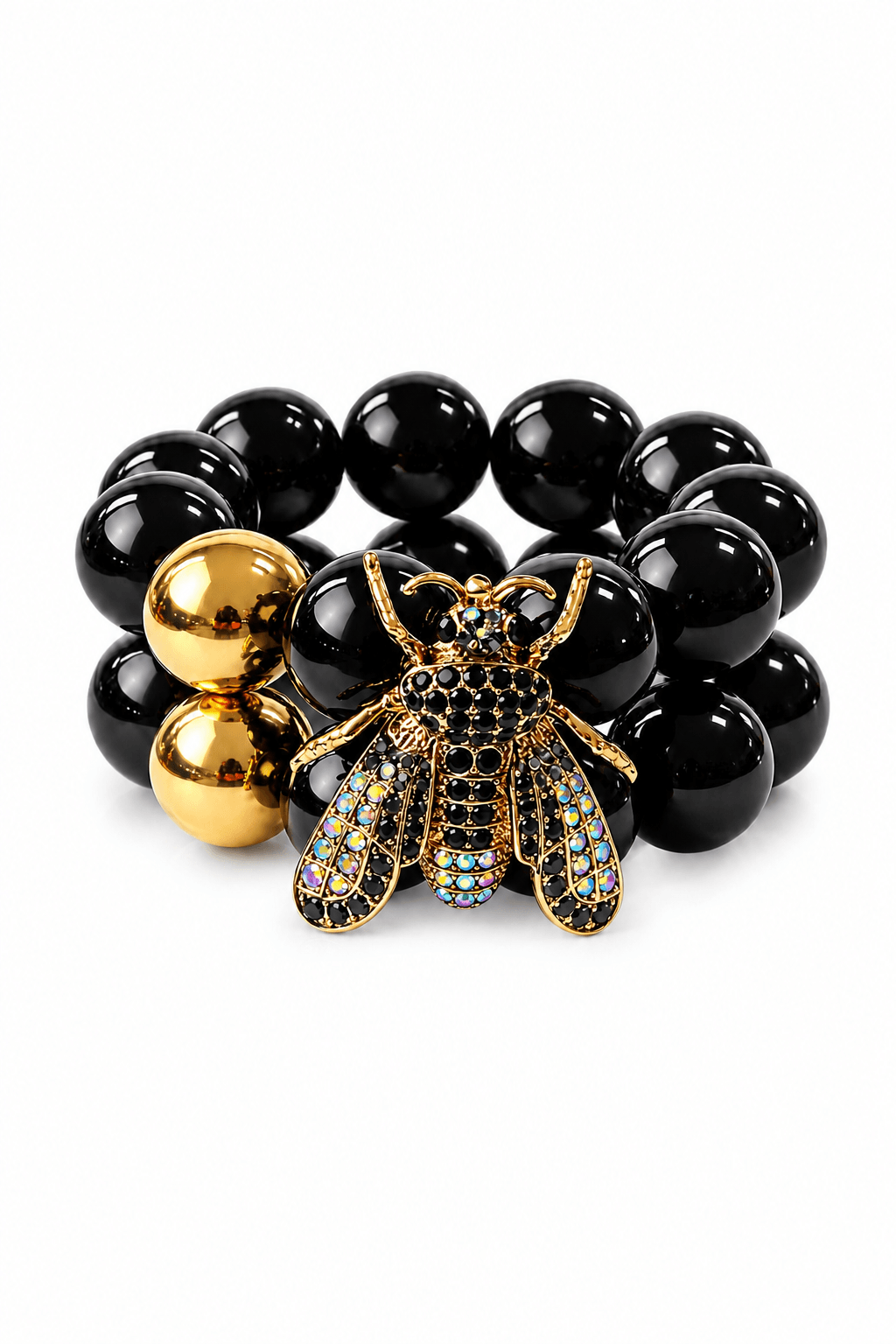 Zweireihiges schwarzes CASAPARI Armband mit großen glänzenden Perlen, goldfarbenen Akzenten und großer Schmuckbiene mit funkelnden Steinen