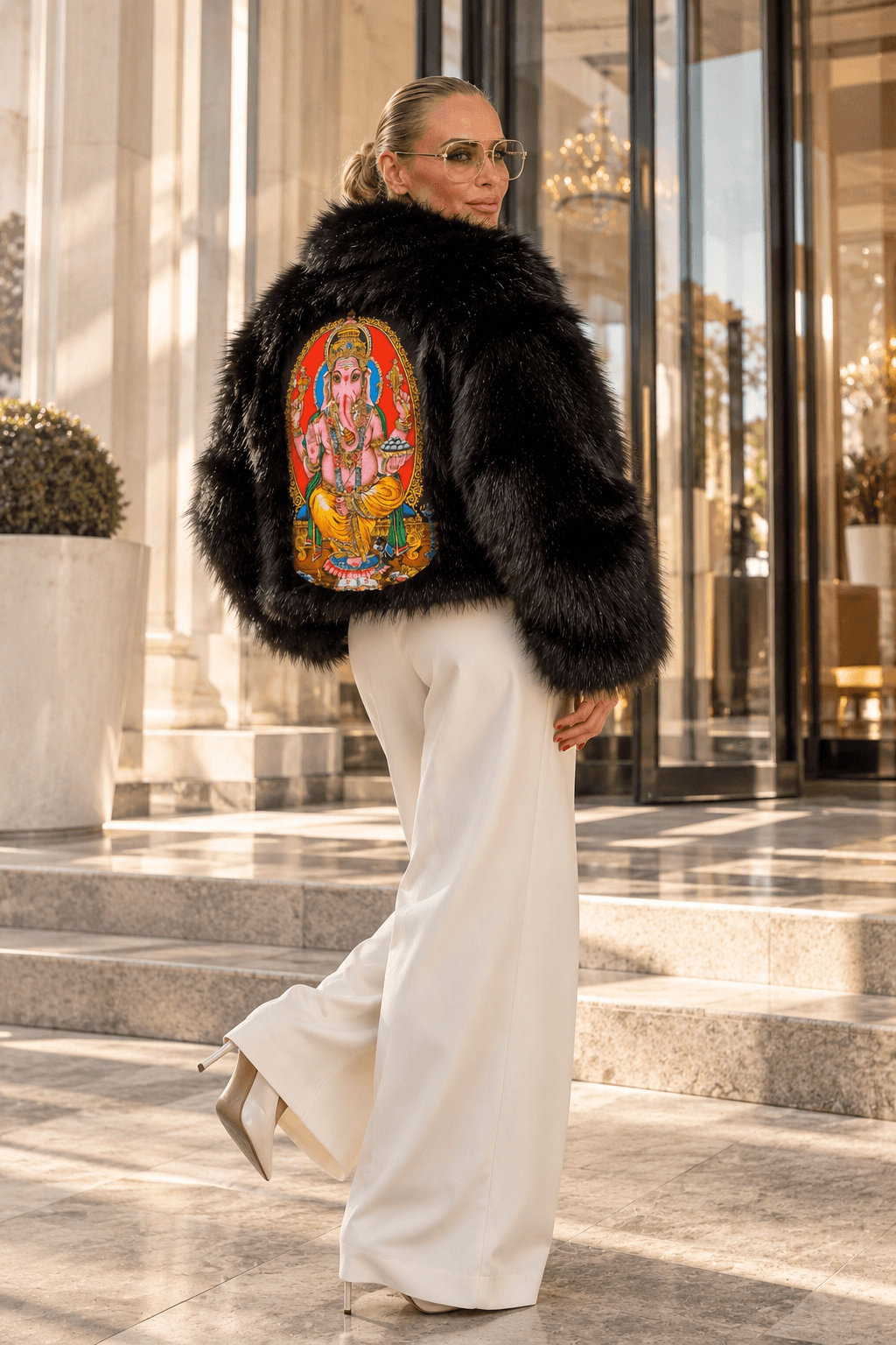 Model trägt eine schwarze Casapari Kunstpelzjacke mit großem Rückenmotiv, kombiniert mit weißer Marlenehose.