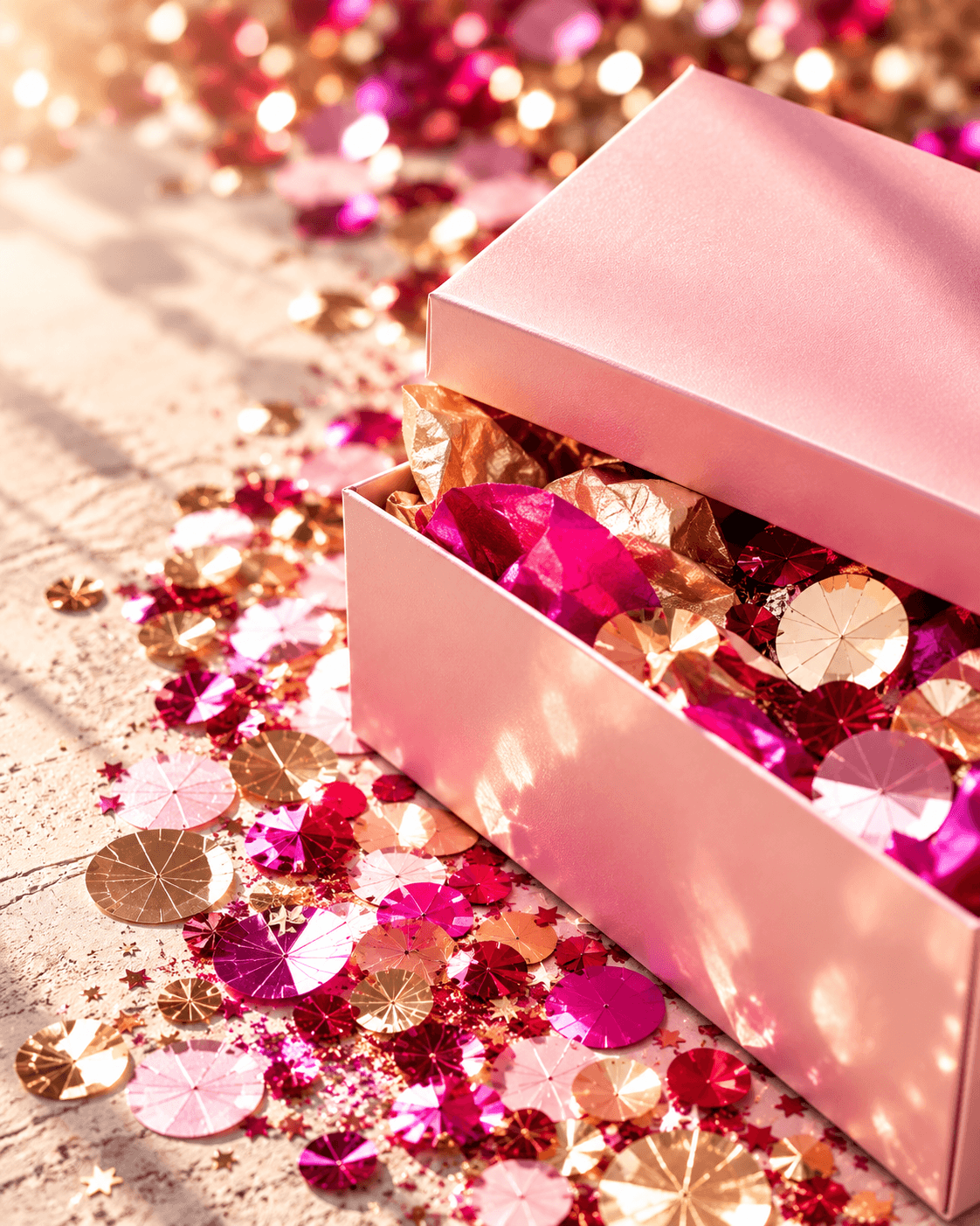 Rosa Geschenkbox mit pink-goldenem Konfetti als Motiv der Casapari Secret Sparkle Box.