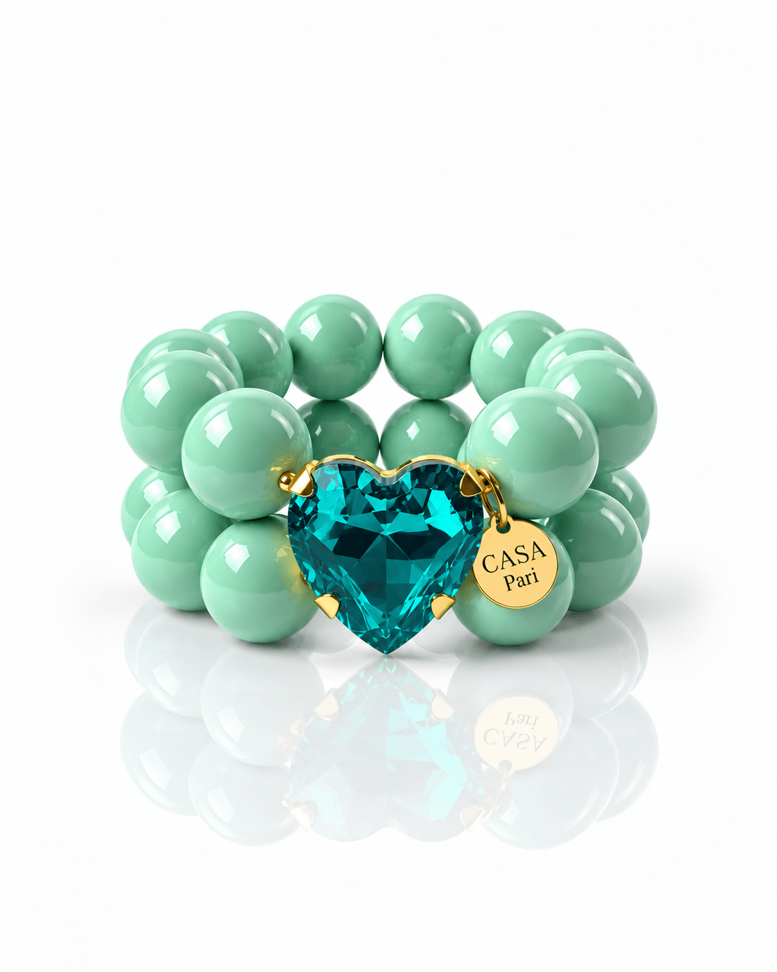 Crystal Heart Armband mit großen mintgrünen Perlen, facettiertem türkisgrünem Kristallherz und goldenem Casapari Anhänger
