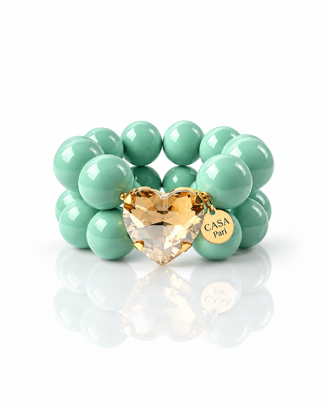 Mintgrünes Crystal Heart Armband mit großen Resin-Perlen, champagnerfarbenem Kristallherz und goldenem Casapari Anhänger